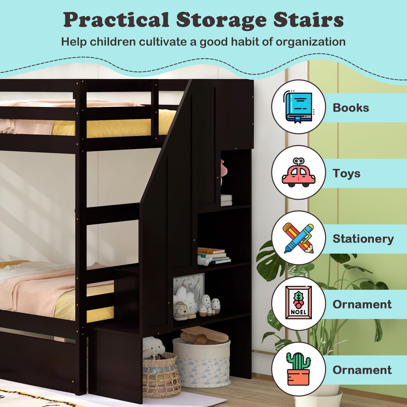 Giantex Bunk Bed Twin Over Twin with Storage Stairs & Drawers, Solid Wood Bunk Bed with Full-Length Guardrails