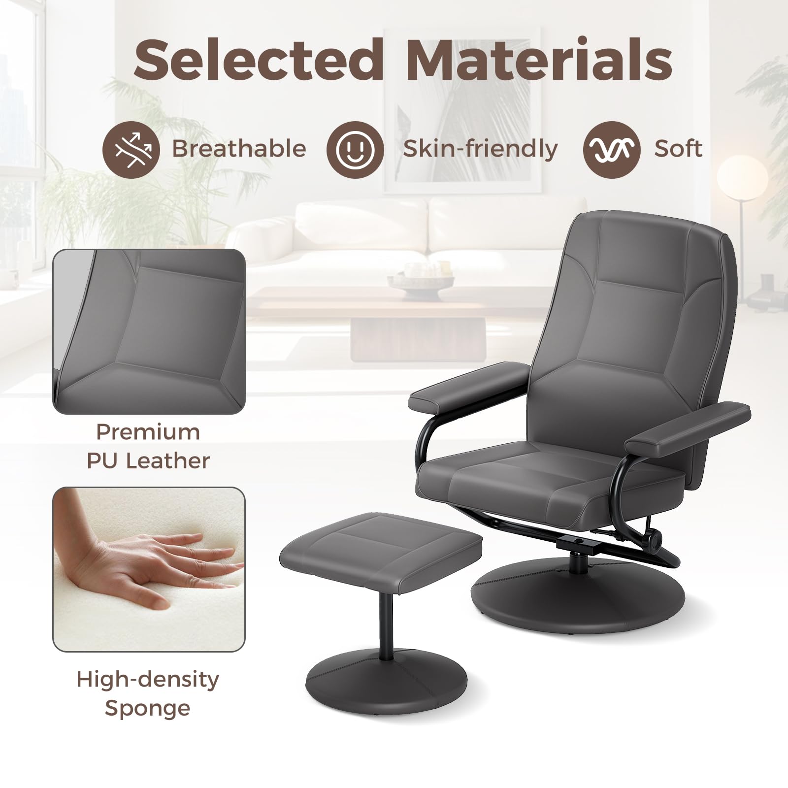 Giantex Recliner Chair with Ottoman, 360 Degree Swivel Leather Reclining Chair with Stable Steel Base