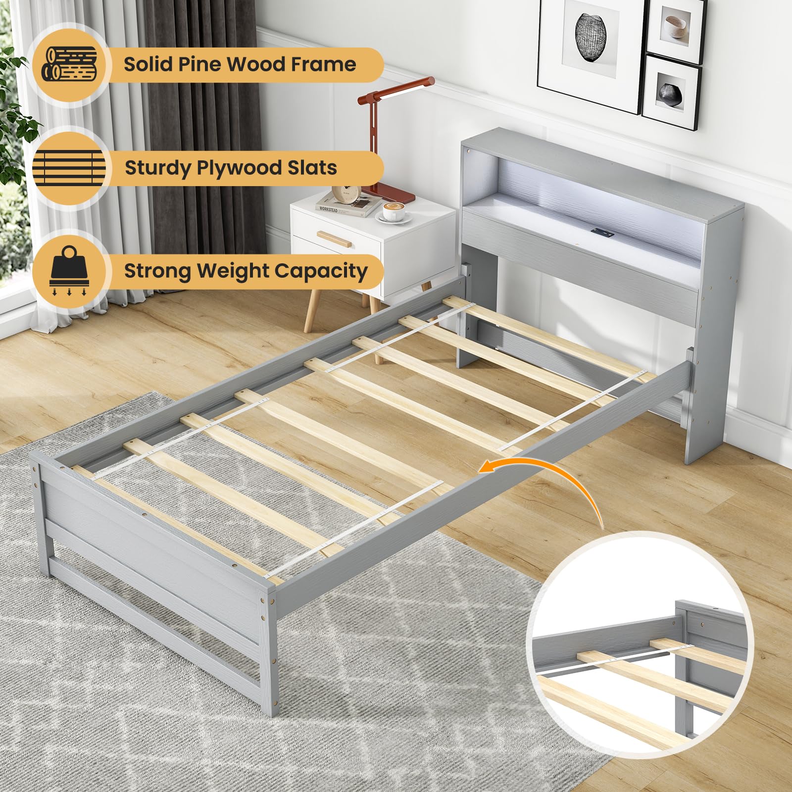 Giantex Twin Bed Frames with Storage Headboard, Wood Platform Bed with Charging Station & LED Light