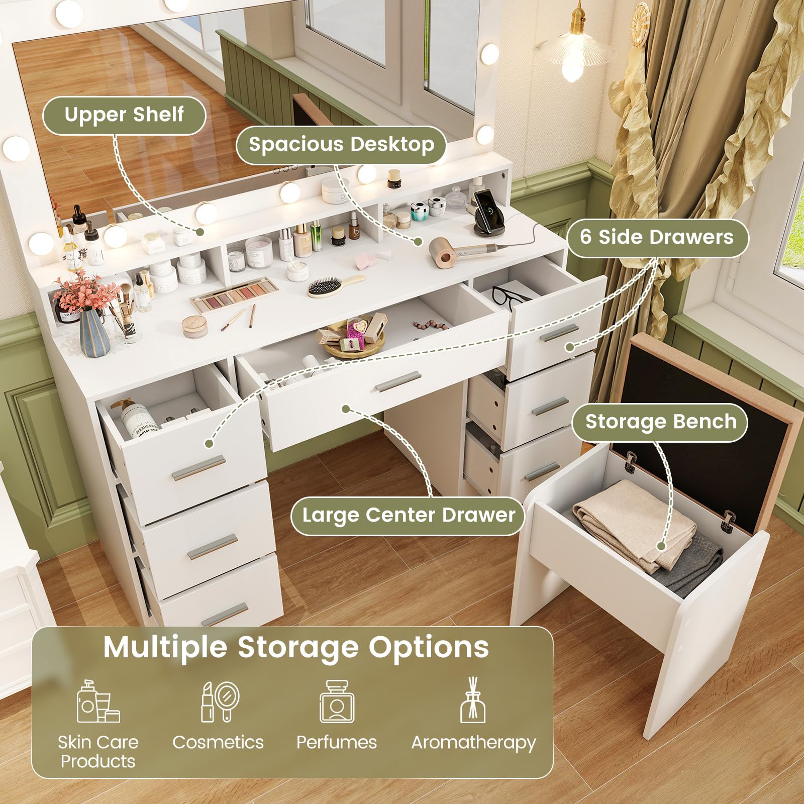 Vanity Desk with Large Mirror and Lights, 46.5" Makeup Vanity Desk with 7 Drawers