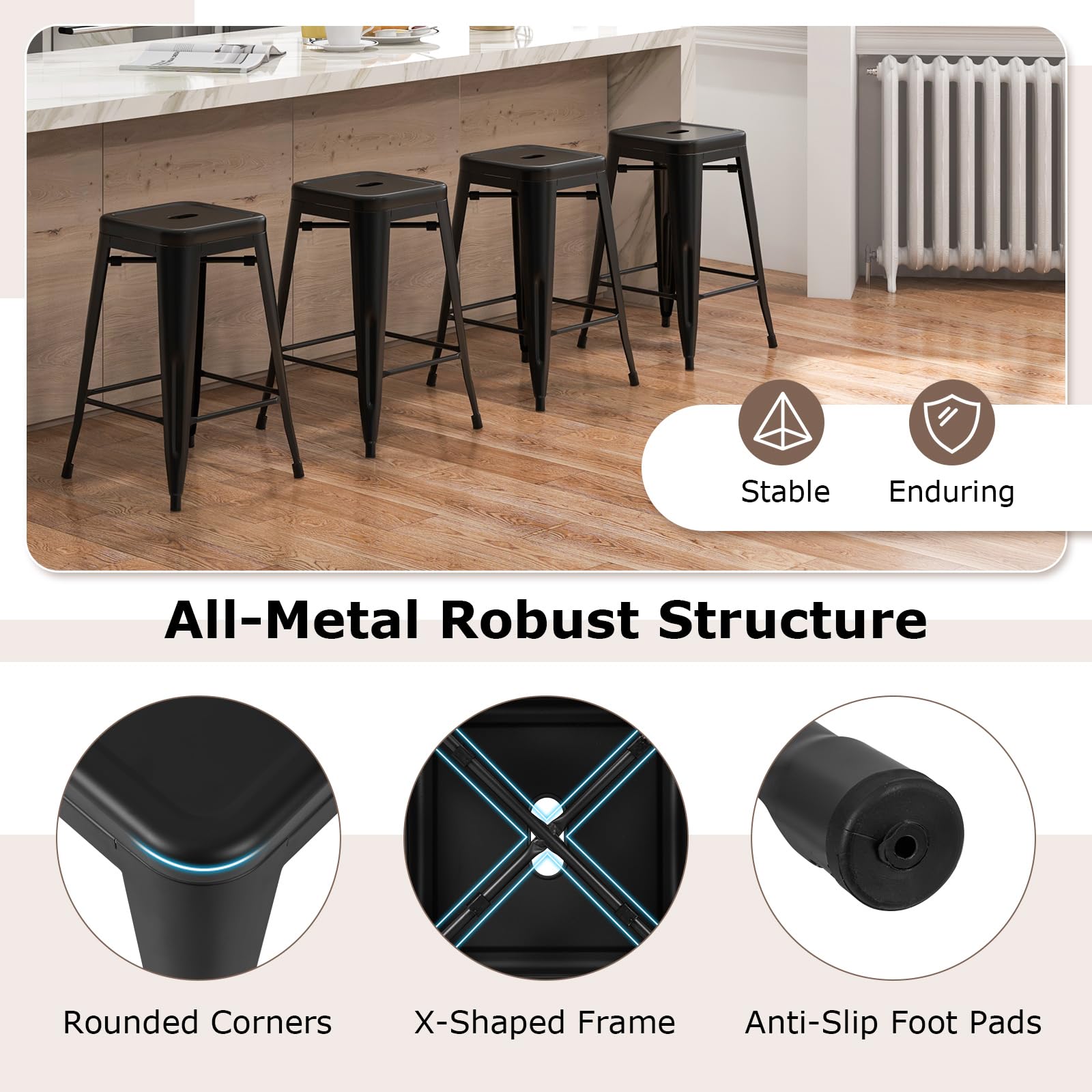 Giantex Metal Backless Bar Stools Set of 4, 24" Industrial Counter Height Bar Stools w/Cut-Out Handle, Footrest