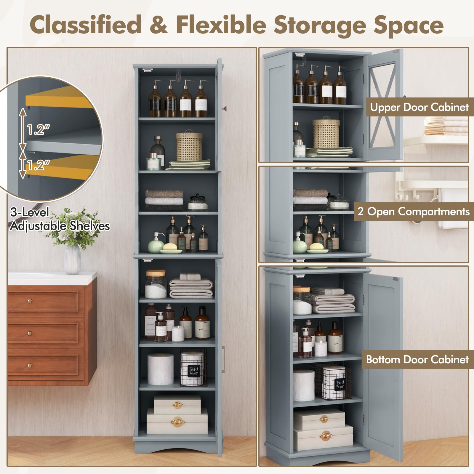 Giantex 67" Tall Storage Cabinet, Bathroom Floor Cabinet with Acrylic Door, Adjustable Shelves