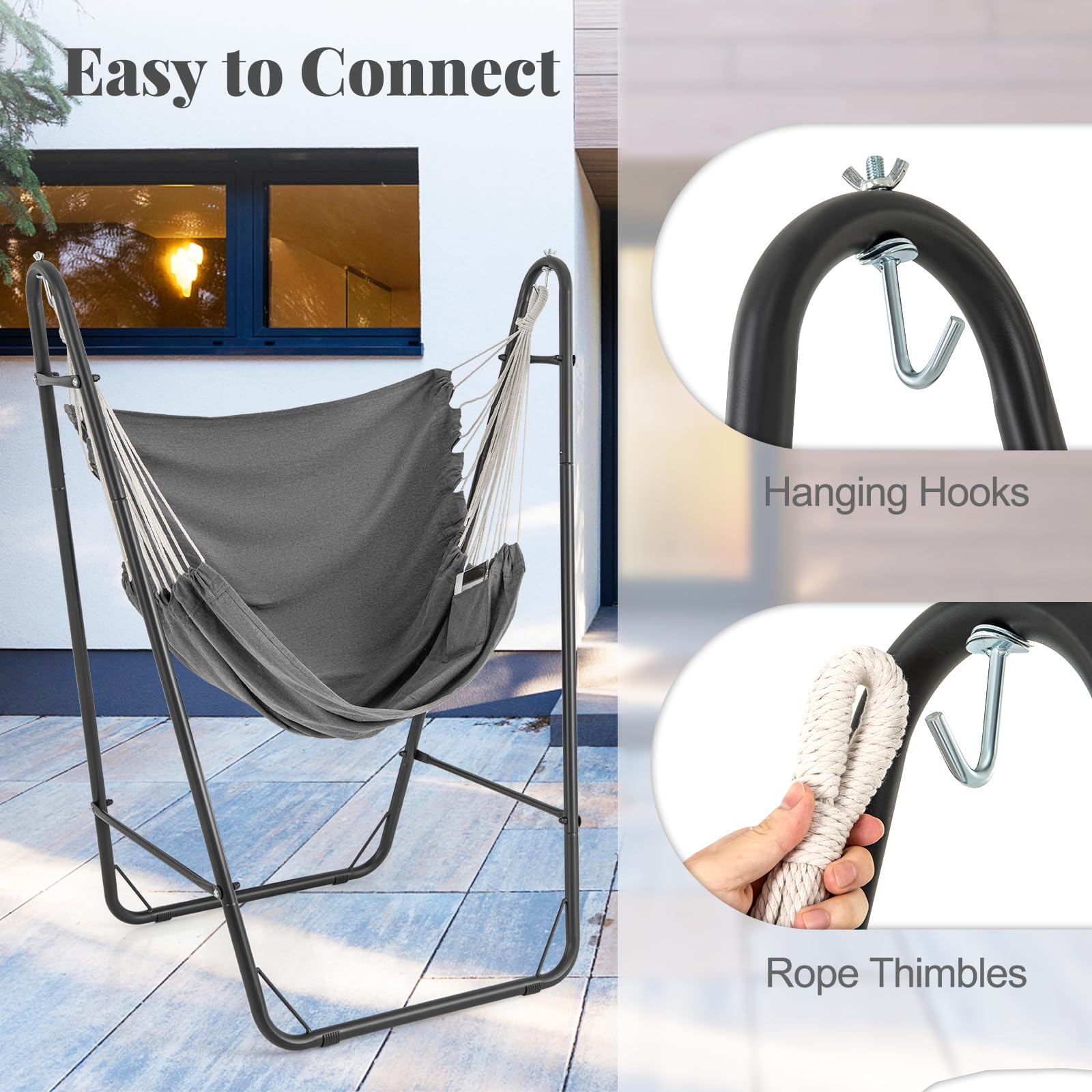 Giantex Hammock Chair with Stand - Swing Chair with Heavy Duty Metal Frame, Storage Side Pocket, Grey