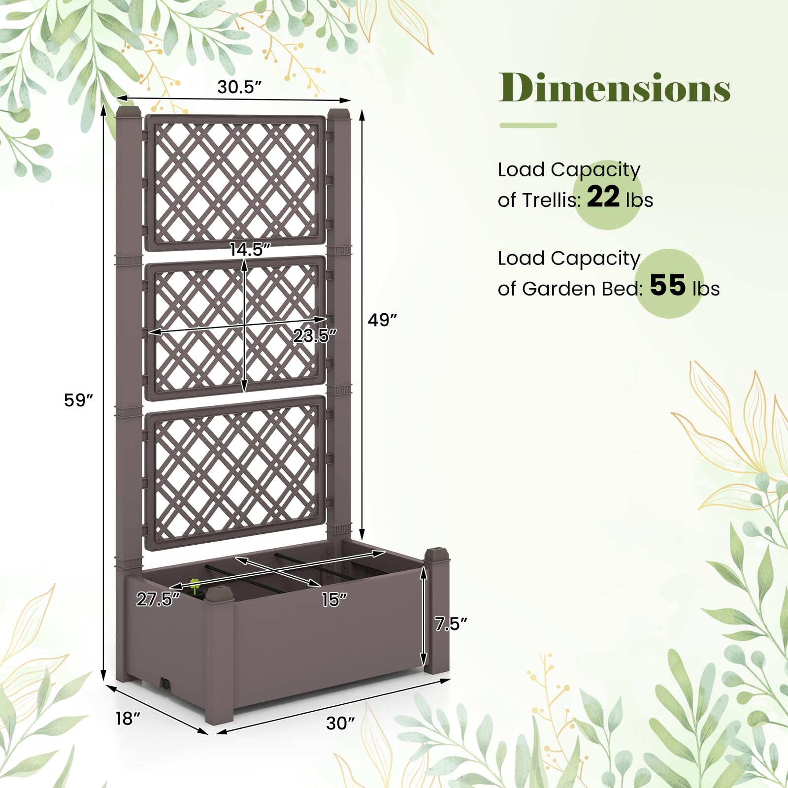 Giantex Raised Garden Bed with Trellis 59”, Self-Watering Planter Box with Water Level Indicator & Removable Space Dividers