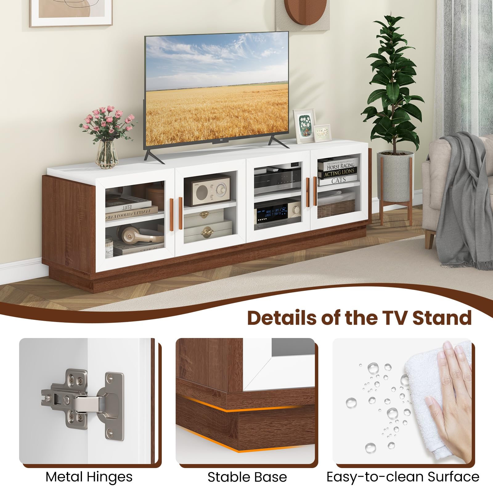 Giantex Large TV Stand for TVs up to 75”, Entertainment Center with 4 Tempered Glass Doors