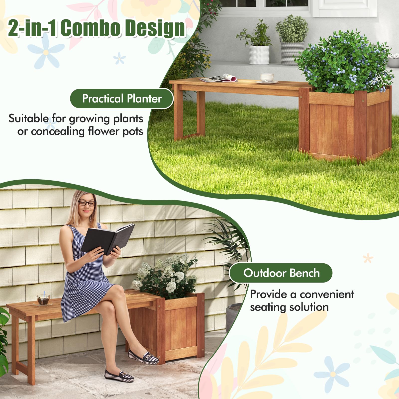 Giantex Outdoor Bench with Raised Garden Bed, Wood Seat with Teak Oil Finish, Planter Box with Open-Ended Base