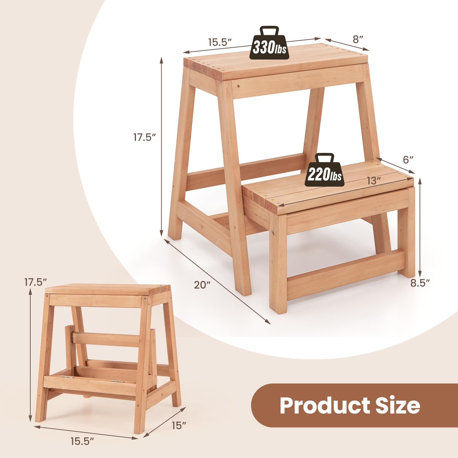 Giantex Folding Step Stool, Wooden 2-Step Stool for Kids & Adults, Holds up to 550Lbs