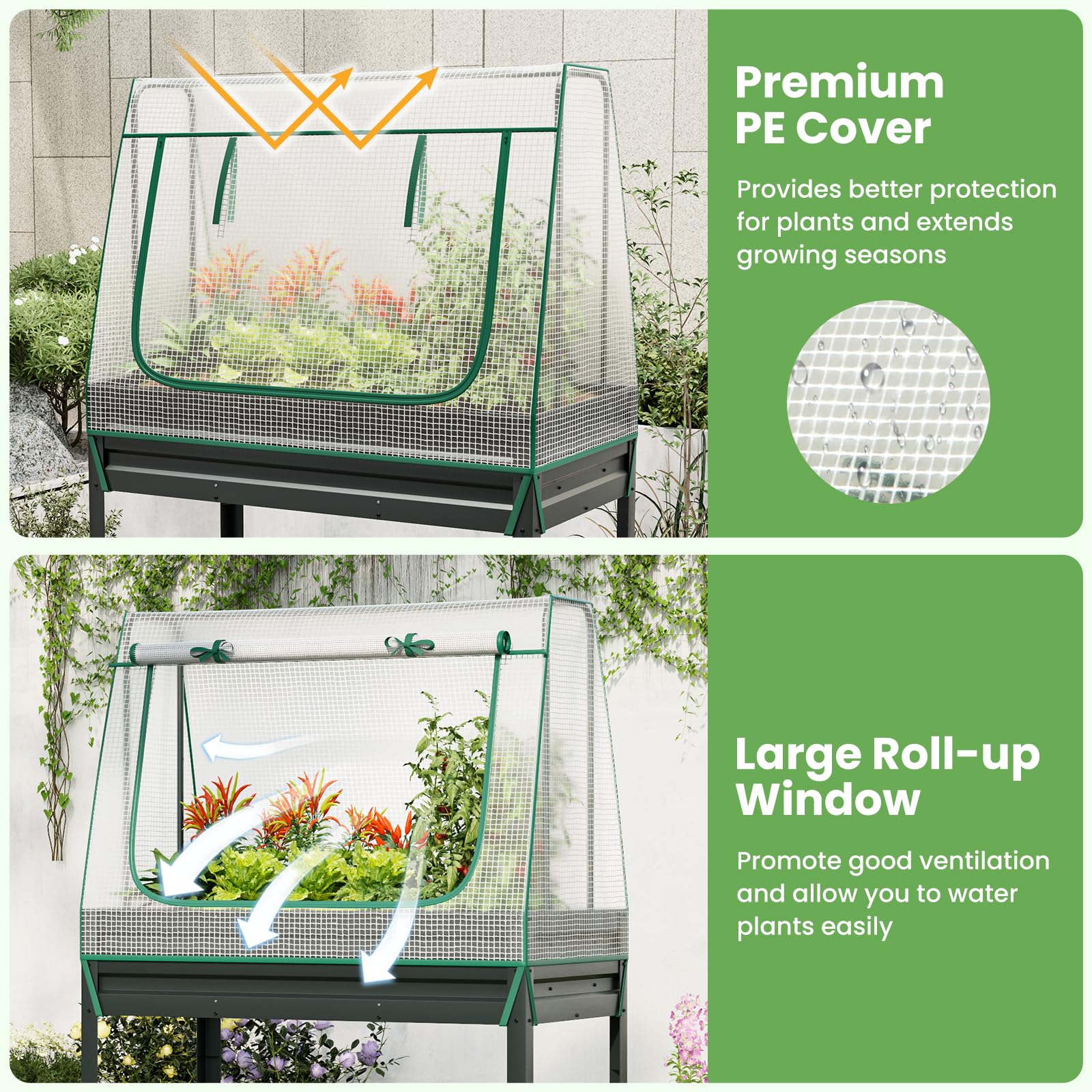 Giantex 3-in-1 Raised Garden Bed with Greenhouse Cover & Trellis Rope,  46”x23.5”x59” Raised Bed for Flower Herb Vegetable