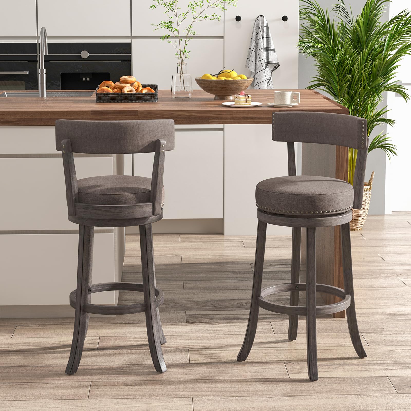 Giantex 31" Bar Stools Set, Swivel Bar Height Bar Chairs with Footrest, Rubber Wood Frame