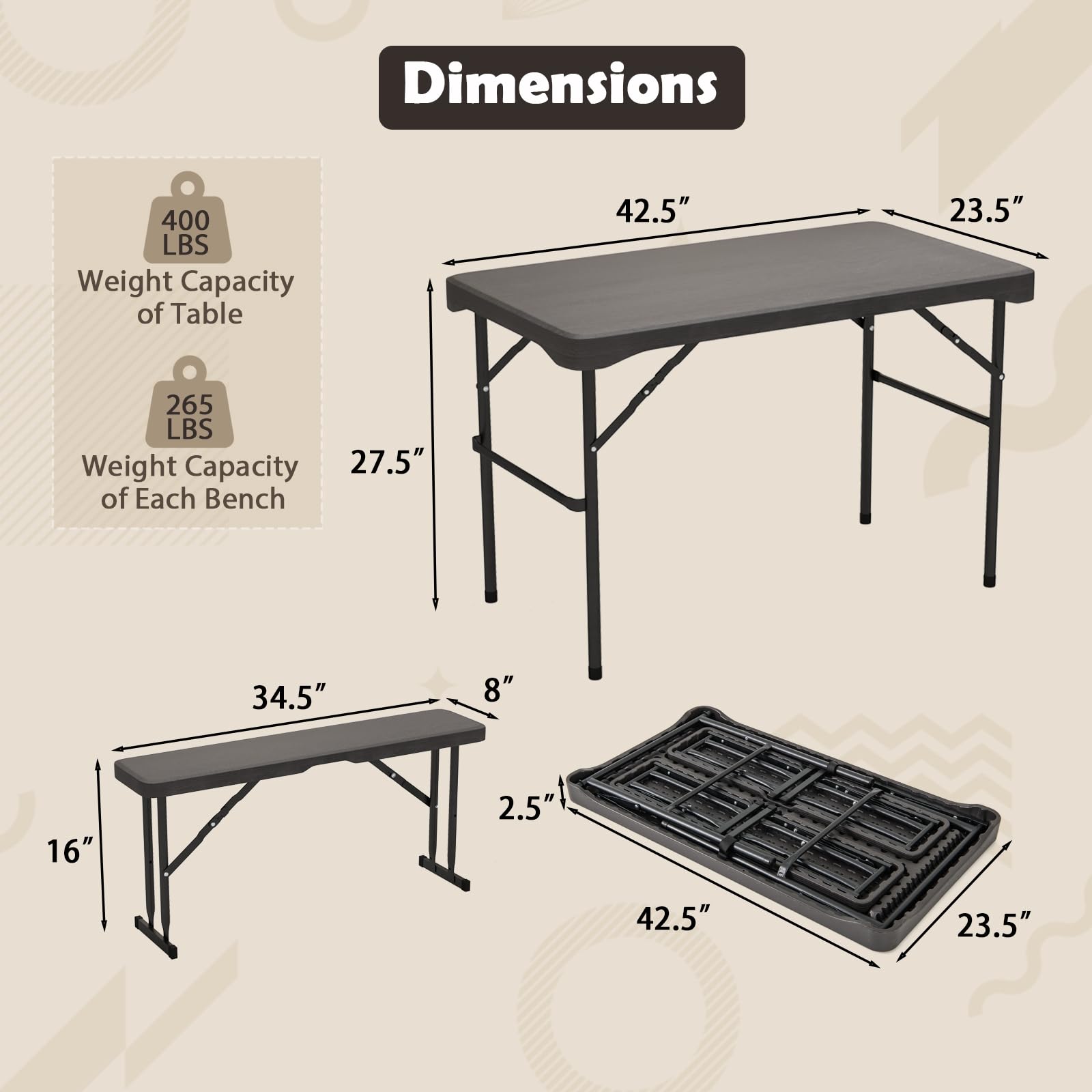 Giantex Folding Picnic Table Bench Set, Rectangular Patio Dining Table Set for 4, with HDPE Tabletop