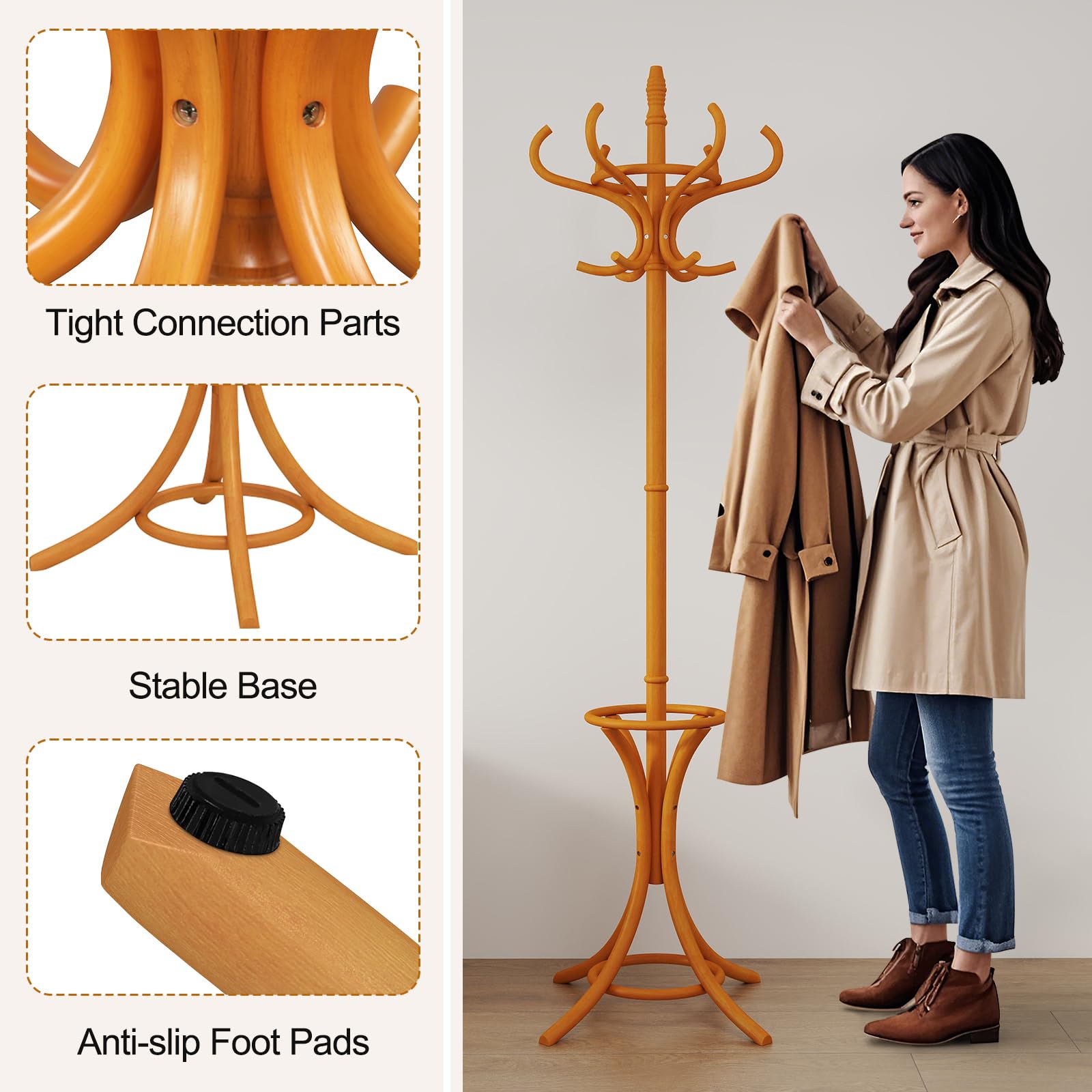 Giantex Solid Wood Coat Rack, Freestanding Hall Tree w/12 Hooks, Umbrella Holder, Entryway Hanger Stand for Coat