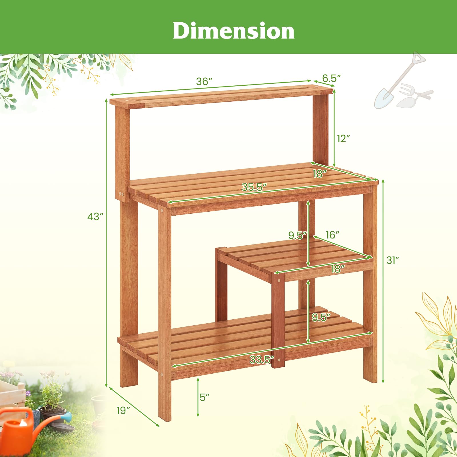 Giantex 4-Tier Potting Bench, Solid Wood Gardening Workstation w/Open Storage Shelves