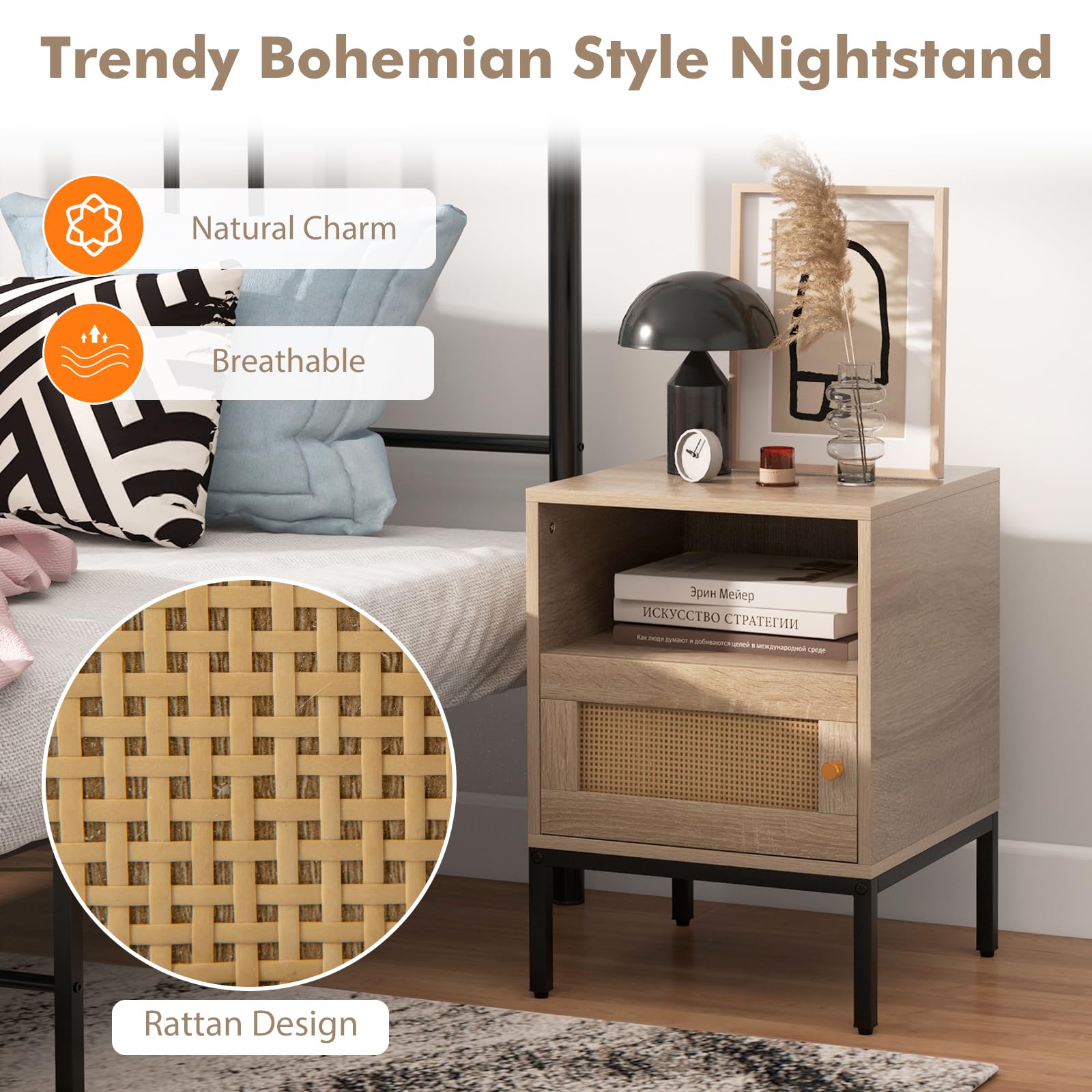 Giantex Rattan Nightstand, Boho Night Stand with Open Storage Shelf & Rattan Decorative Door