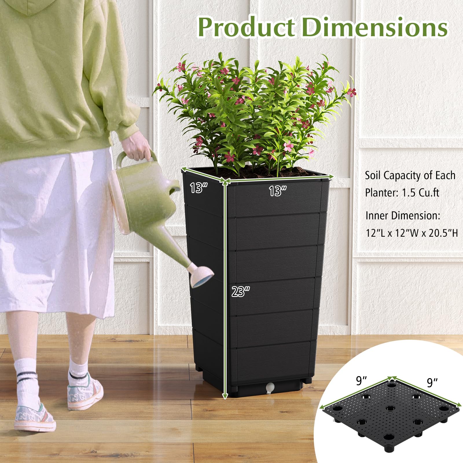 Giantex Set of 2 Outdoor Flower Pot, 23" Tall Planters with Drainage Hole, Self-Watering Tray