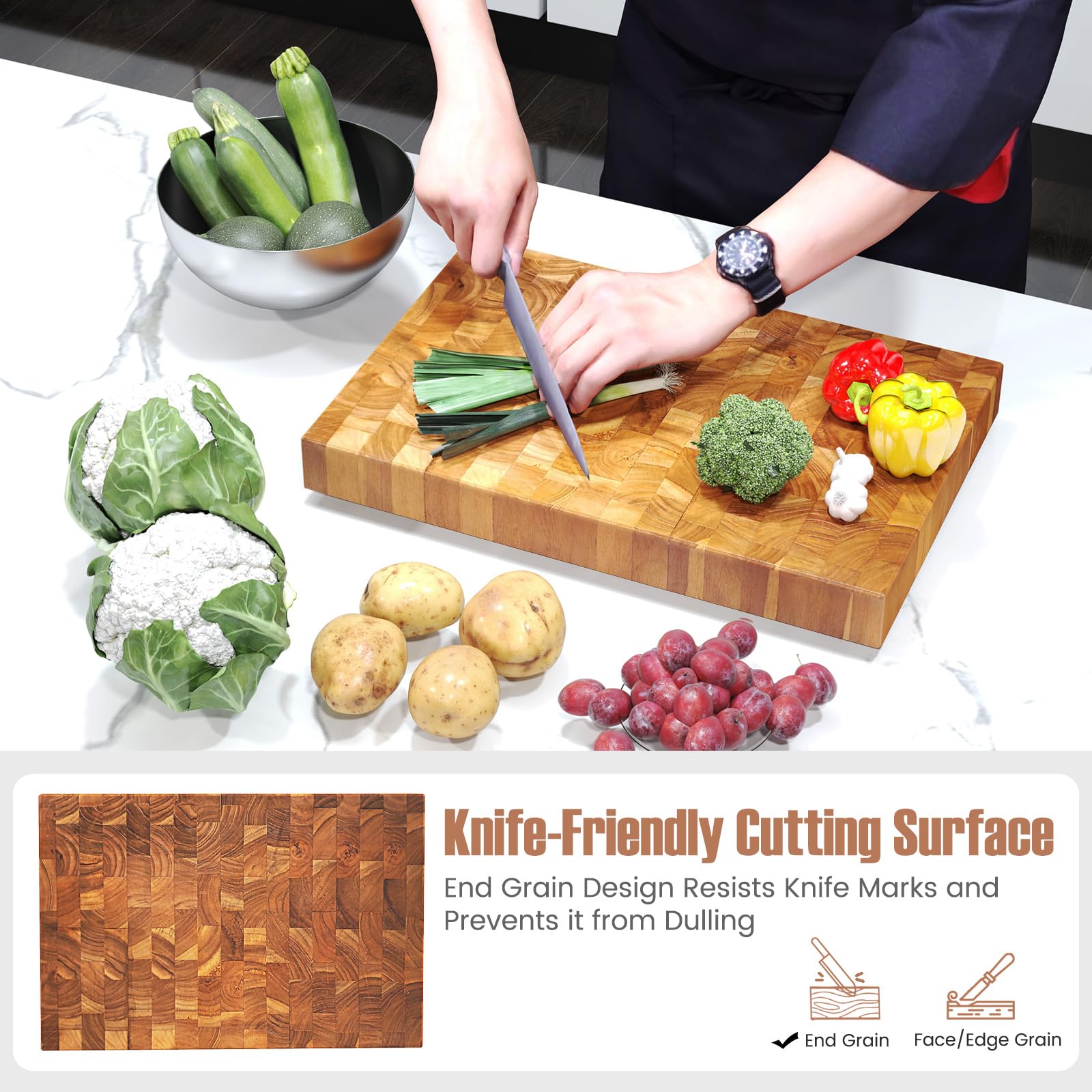 Giantex Teak Wood Cutting Board, 18" End Grain Chopping Block with Hand Grip, Pre-Conditioned With Natural Waxes & Oils