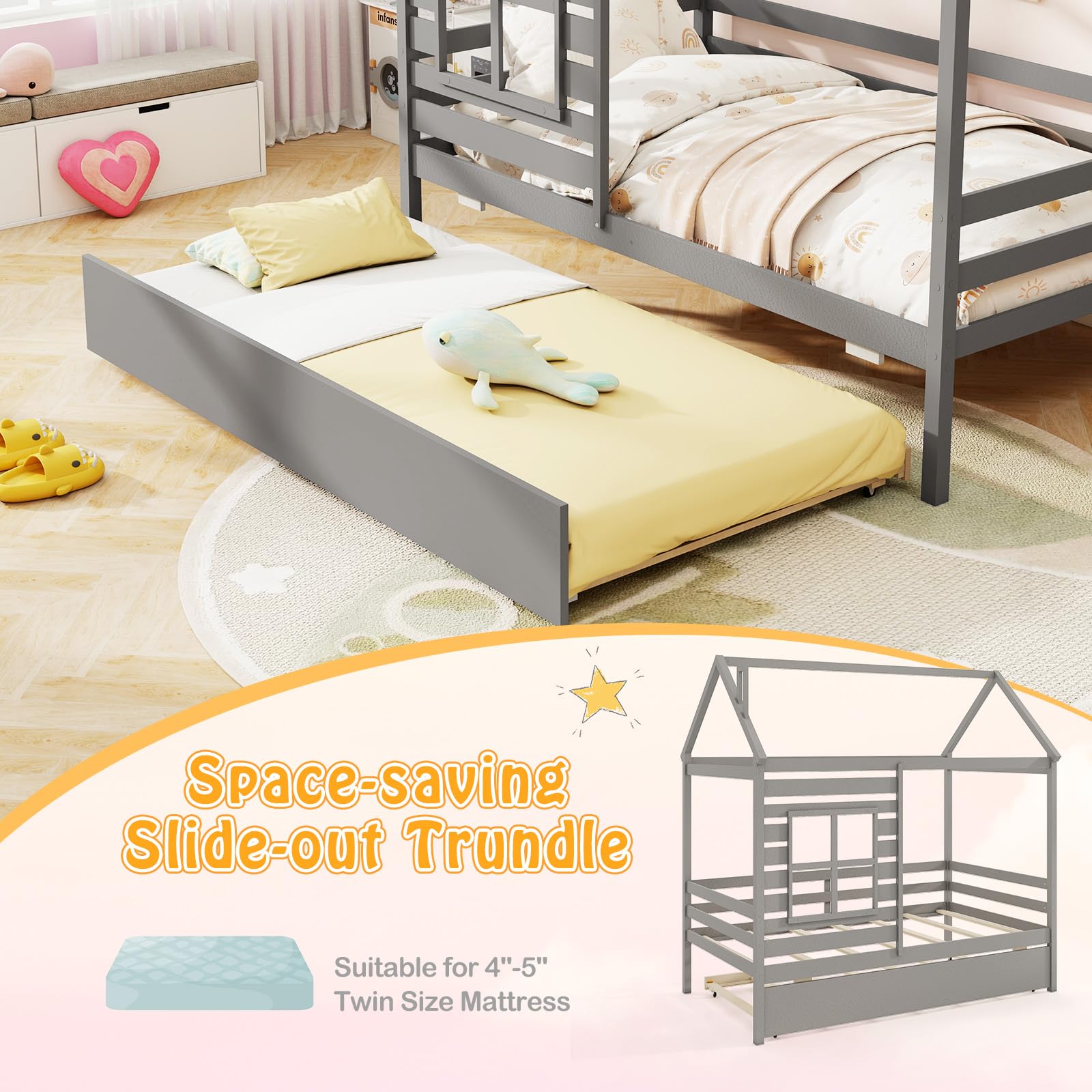 Giantex Twin House Bed with Trundle Bed Twin, Wooden Twin Bed Frames with Roof, Chimney & Window