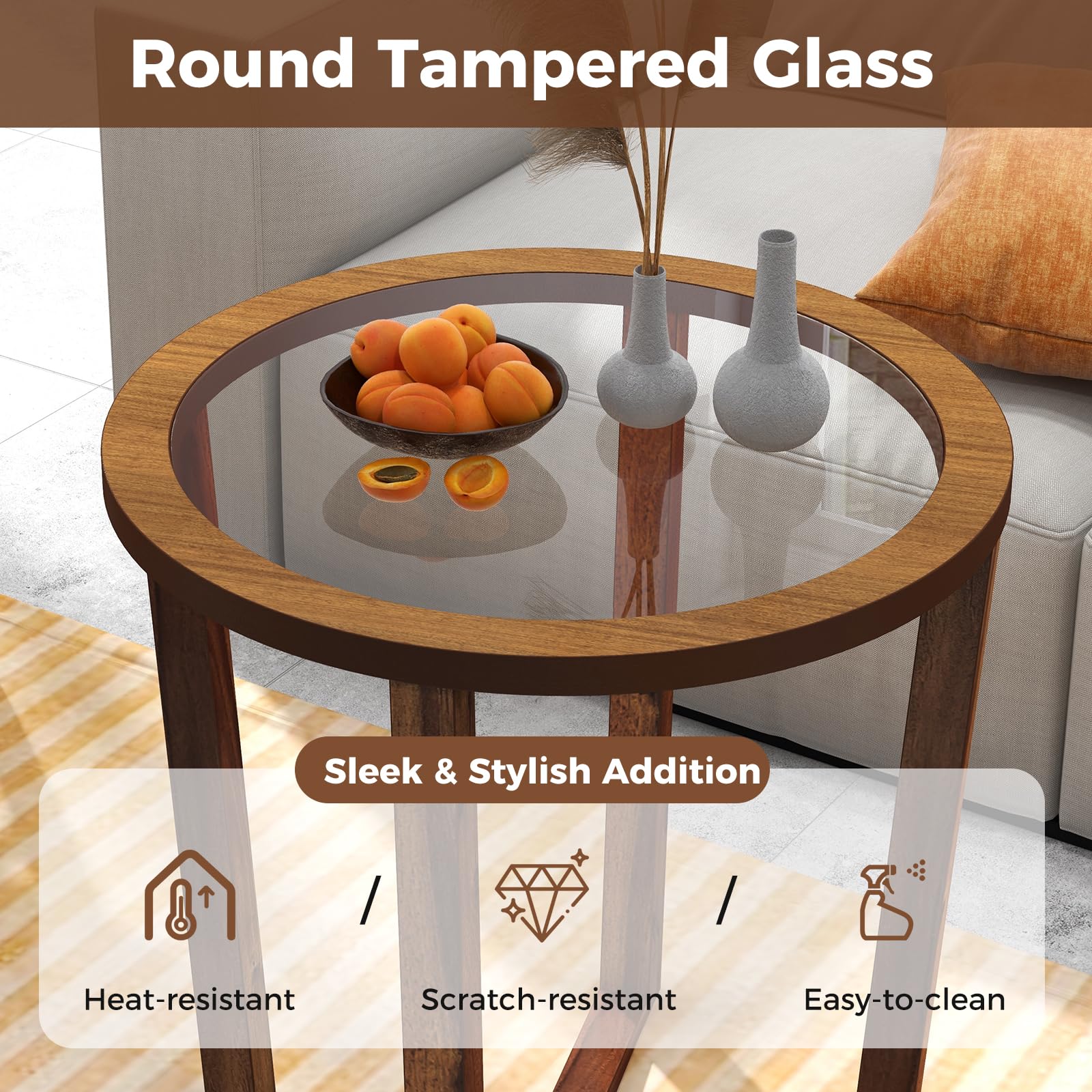 Giantex Glass Round End Table, Sofa Side Table with Transparent Tempered Glass Top