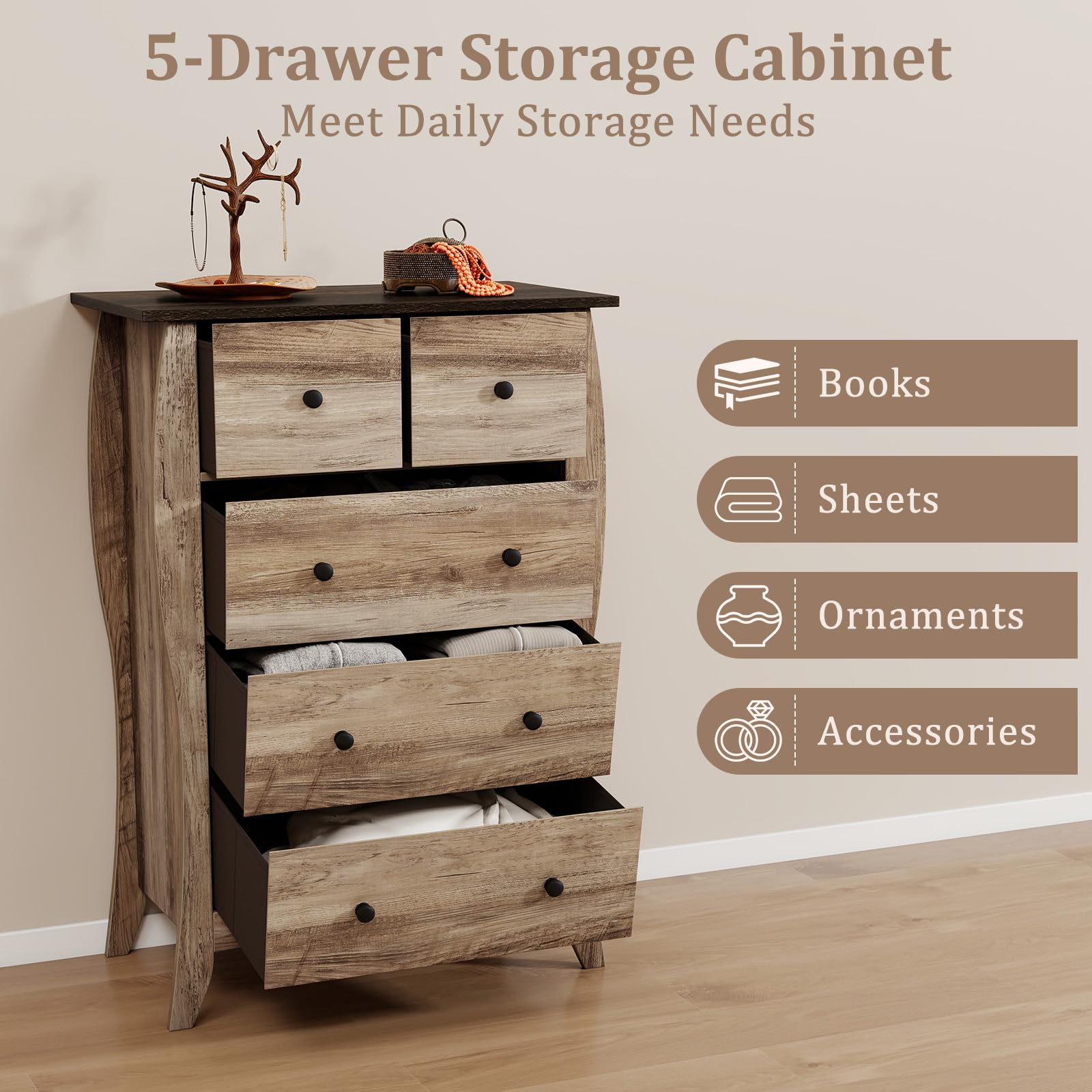 Giantex Storage Cabinet with Foldable & Detachable Fabric Drawers, Anti-Tipping Kit, 26.5” x 15” x 38” Farmhouse Floor Cabinet