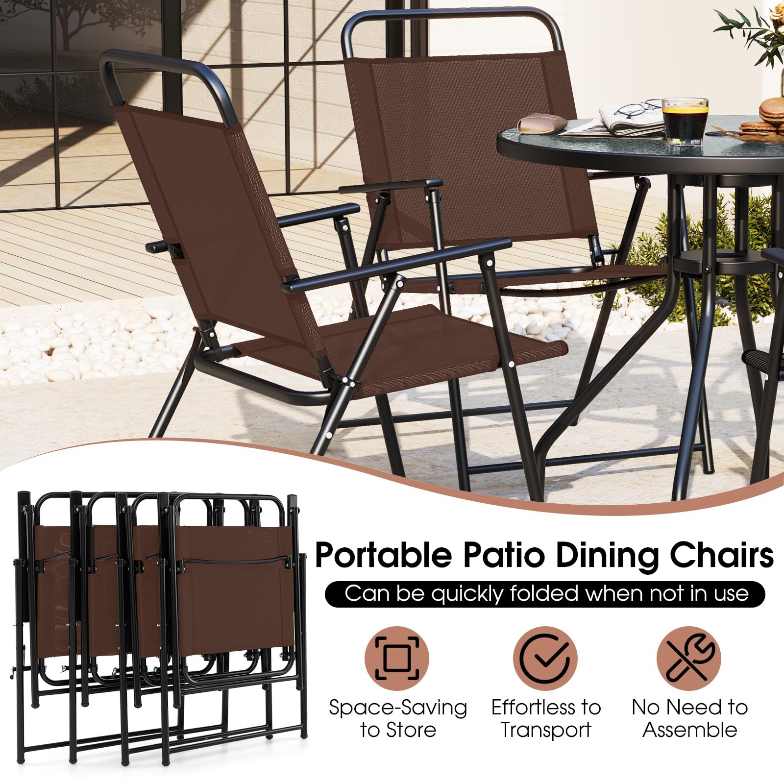 Giantex 6 Pieces Patio Dining Set, Folding Patio Chairs Set of 4, Tempered Glass Umbrella Table with Hole