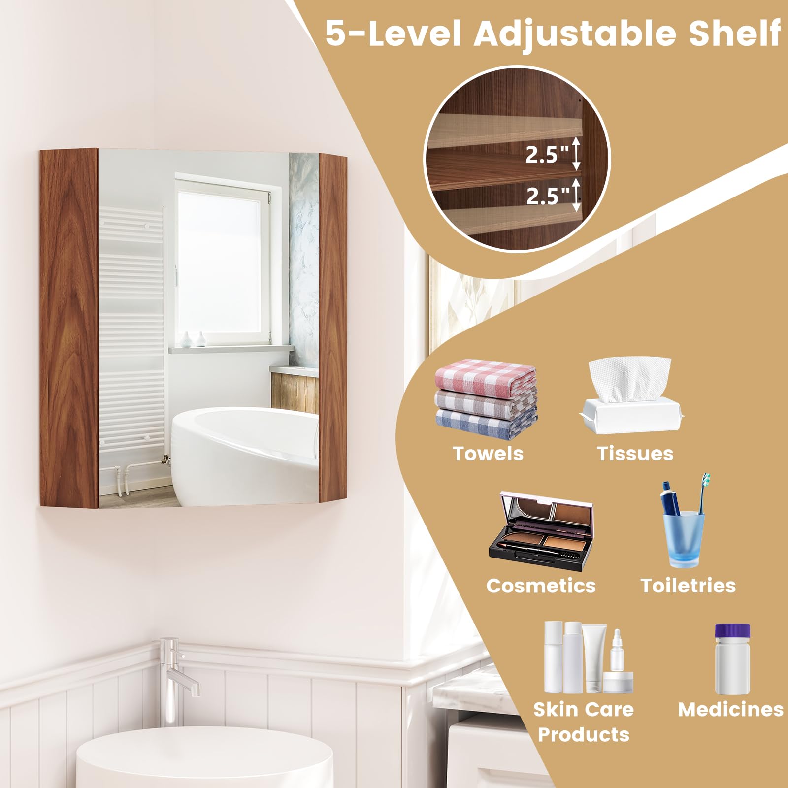 Giantex Corner Medicine Cabinet, 23.5” Over The Toilet Storage Cabinet with Mirror Door, Adjustable Shelf