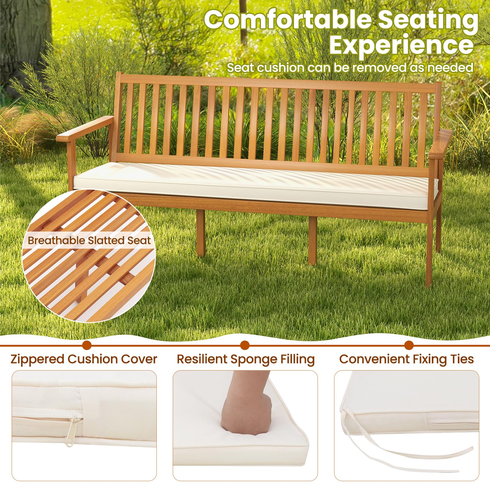 Giantex Acacia Wood Outdoor Bench, 3-Seat Patio Bench with Removable Seat Cushion