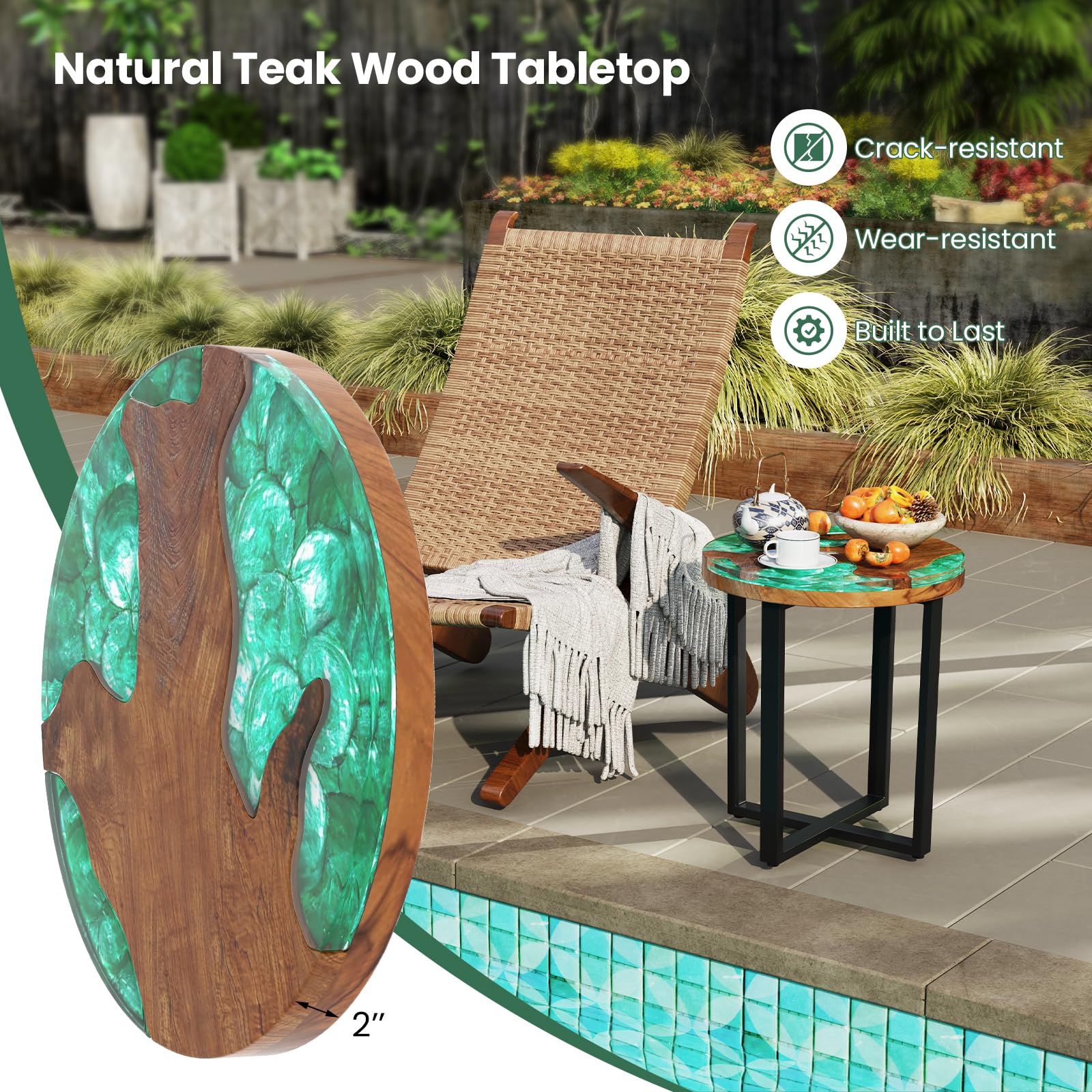 Giantex 20” Teak Wood Outdoor Side Table - Round End Table with Epoxy Resin Tabletop