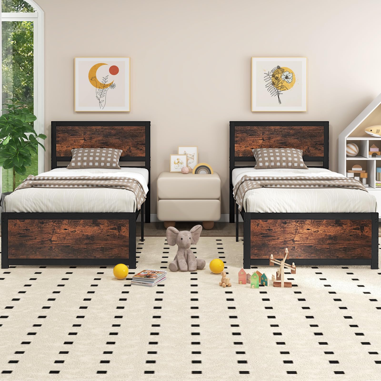 Giantex Twin Bed Frames for Kids, Industrial Metal Platform Bed with Headboard