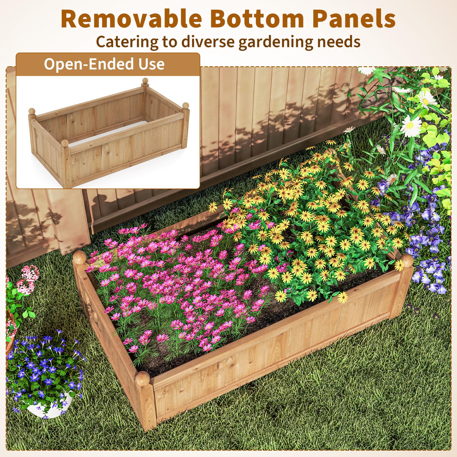 Wood Raised Garden Bed, 46” x 24” x 16” Rectangular Flower Box w/Drainage Holes