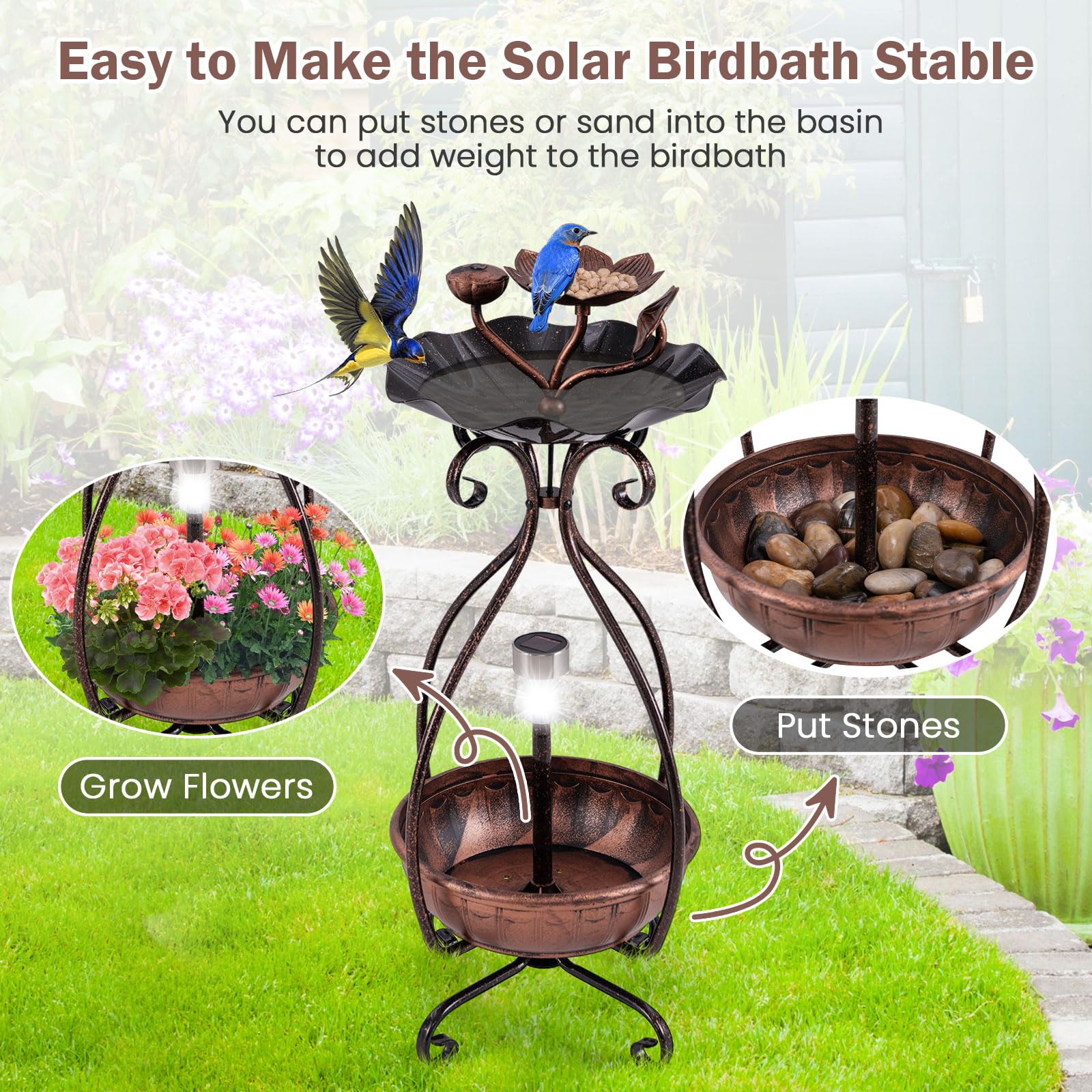 Giantex Bird Bath with Planter - Solar Lighted Bird Bath for Outside with Bird Feeder