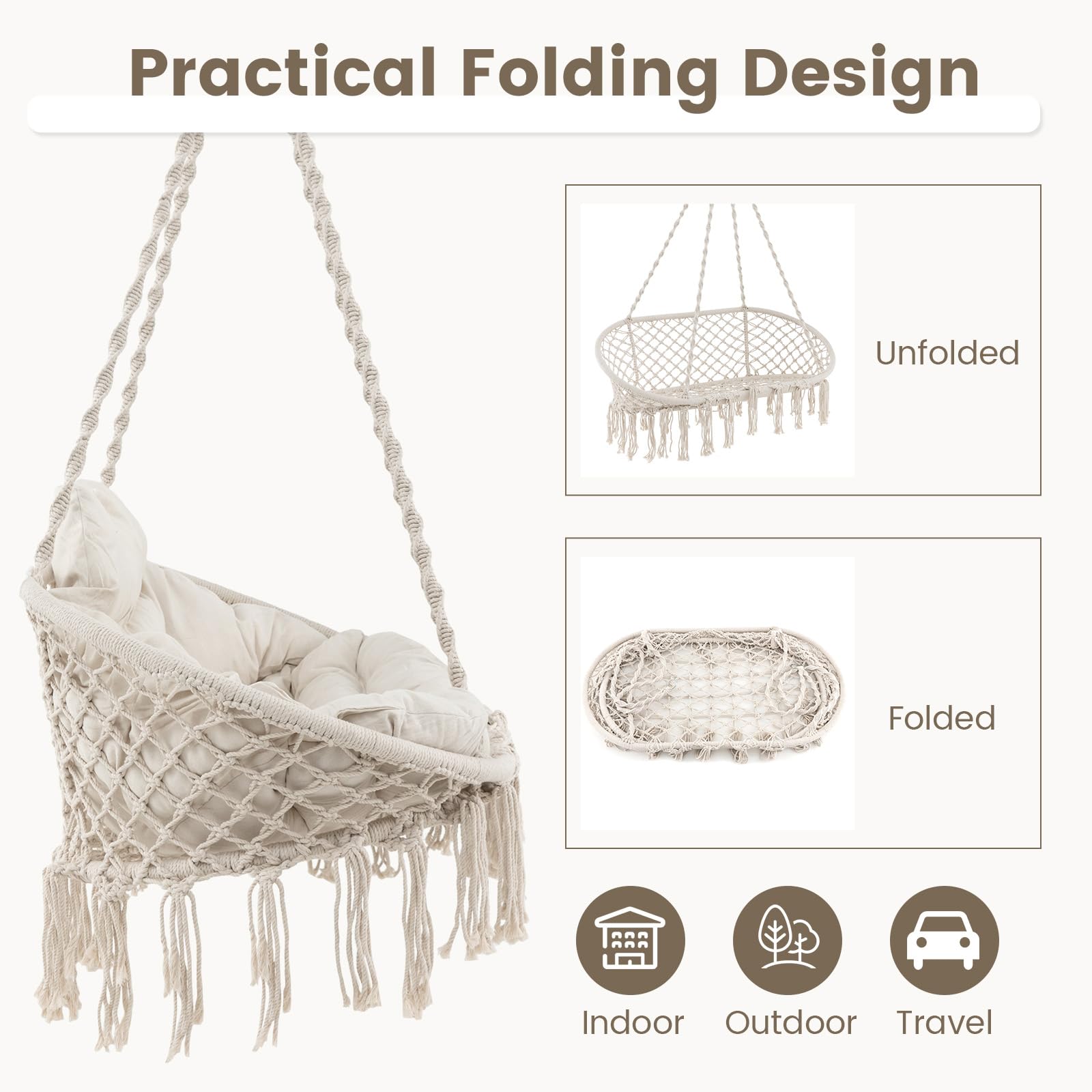 Giantex Hammock Chair, Macrame Hanging Chair with Removable Cushion,  Max 440 lbs, Swinging Chair, Beige