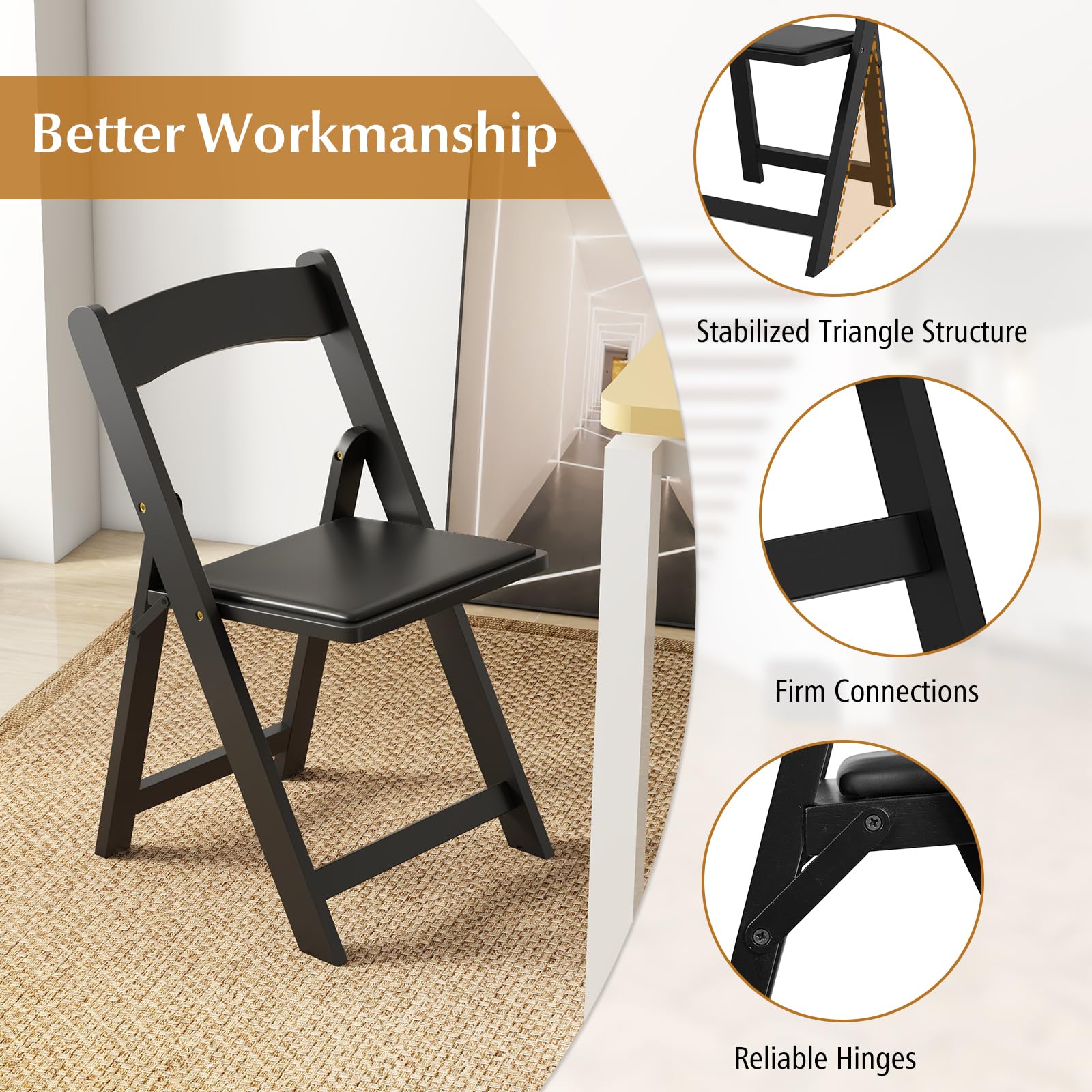 Giantex Folding Chairs, Wooden Dining Chairs Set, Padded Foldable Chairs w/Backrest