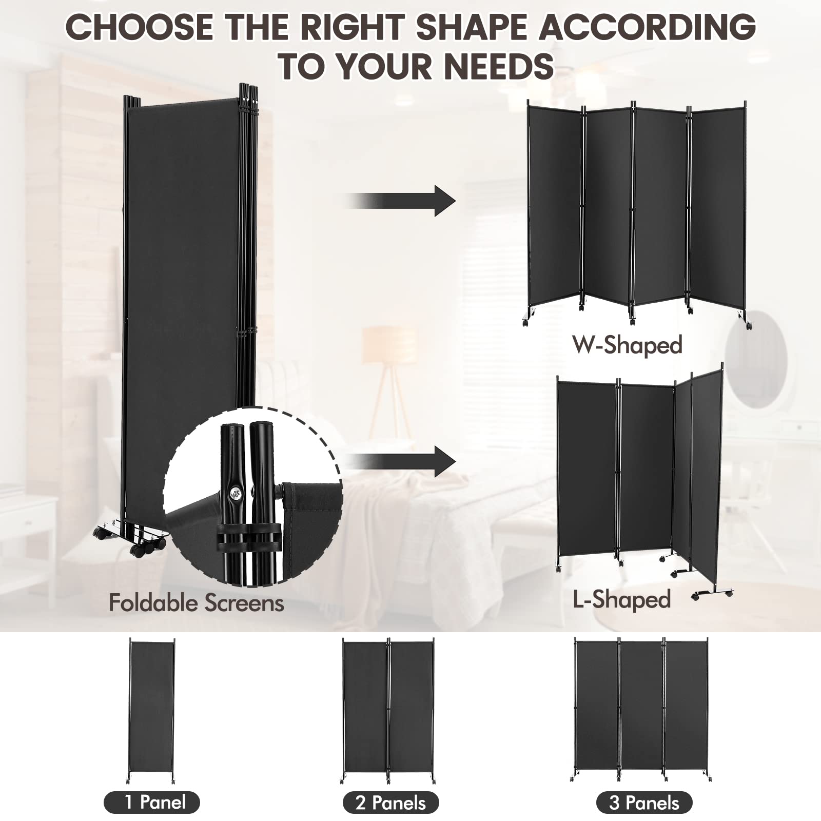 Giantex 4 Panel Room Divider, Folding Privacy Screen with Lockable Wheels, Rolling Partition Room Dividers