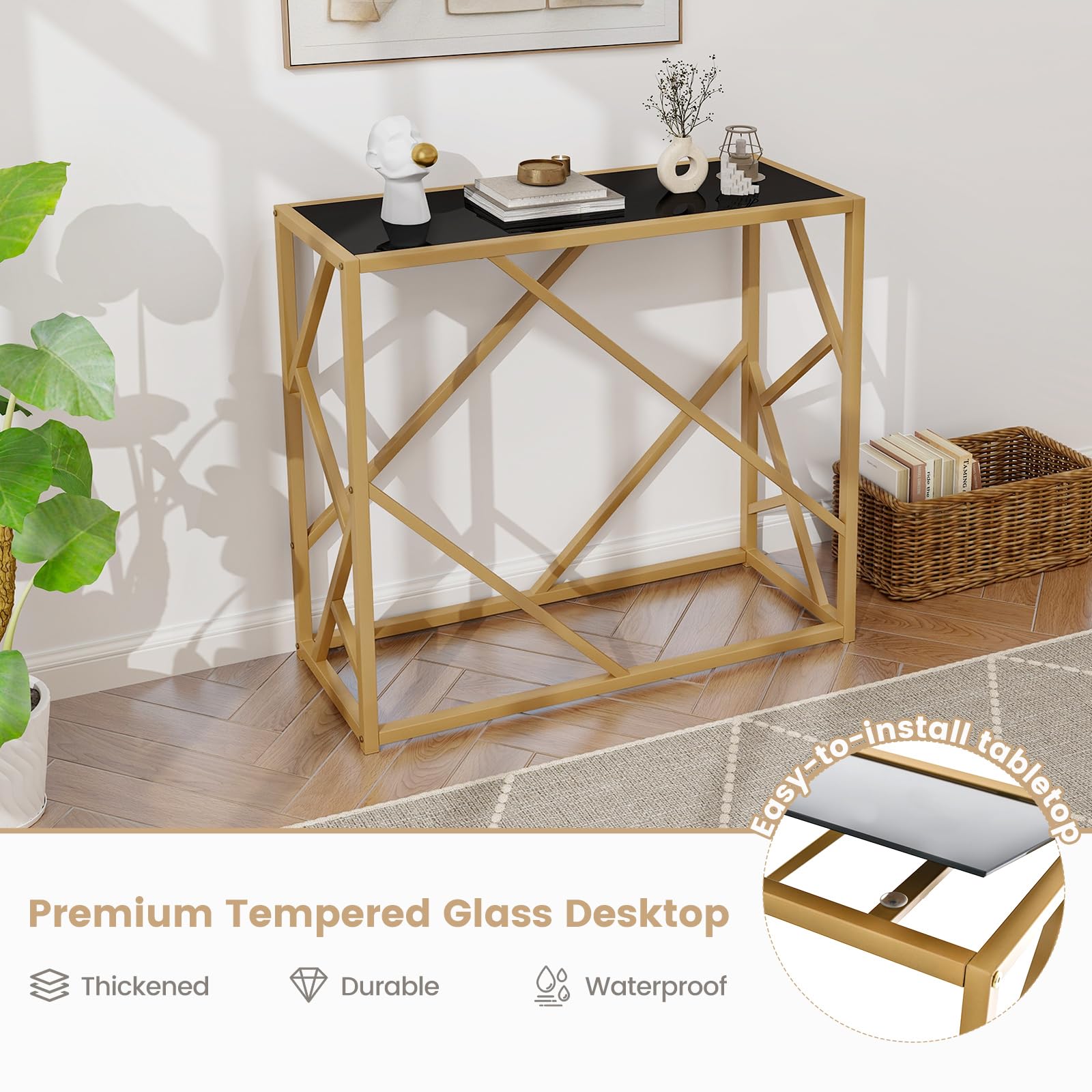 Giantex 31.5" Gold Entryway Console Table - Narrow Sofa Side Table w/Metal Frame & Tempered Glass Top