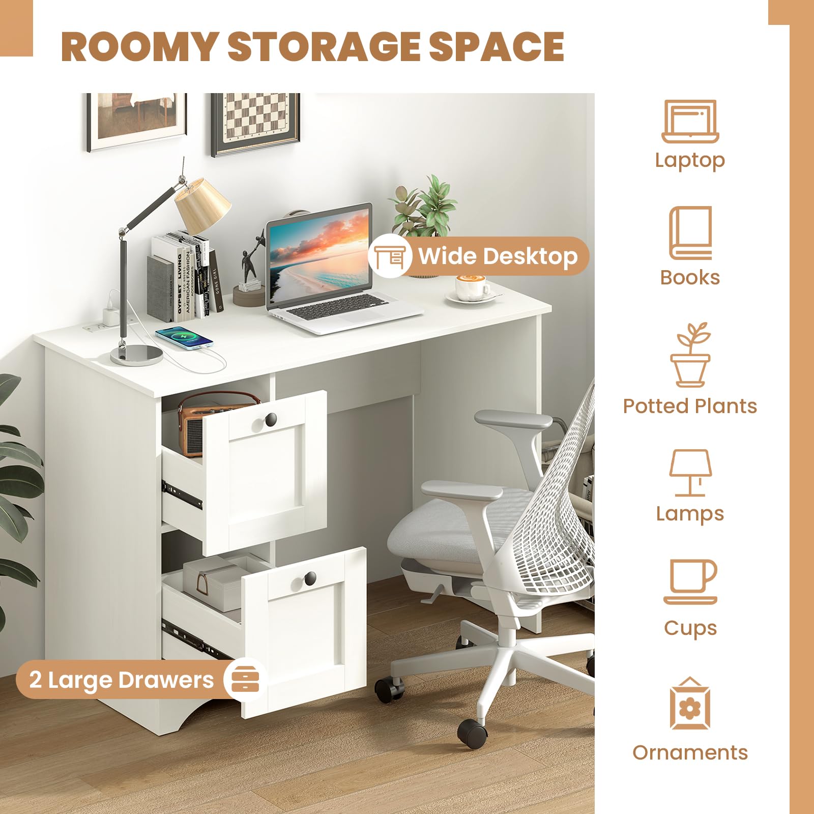 Giantex White Desk with 2 Drawers, 43” Wooden Home Office Desk with Charging Station