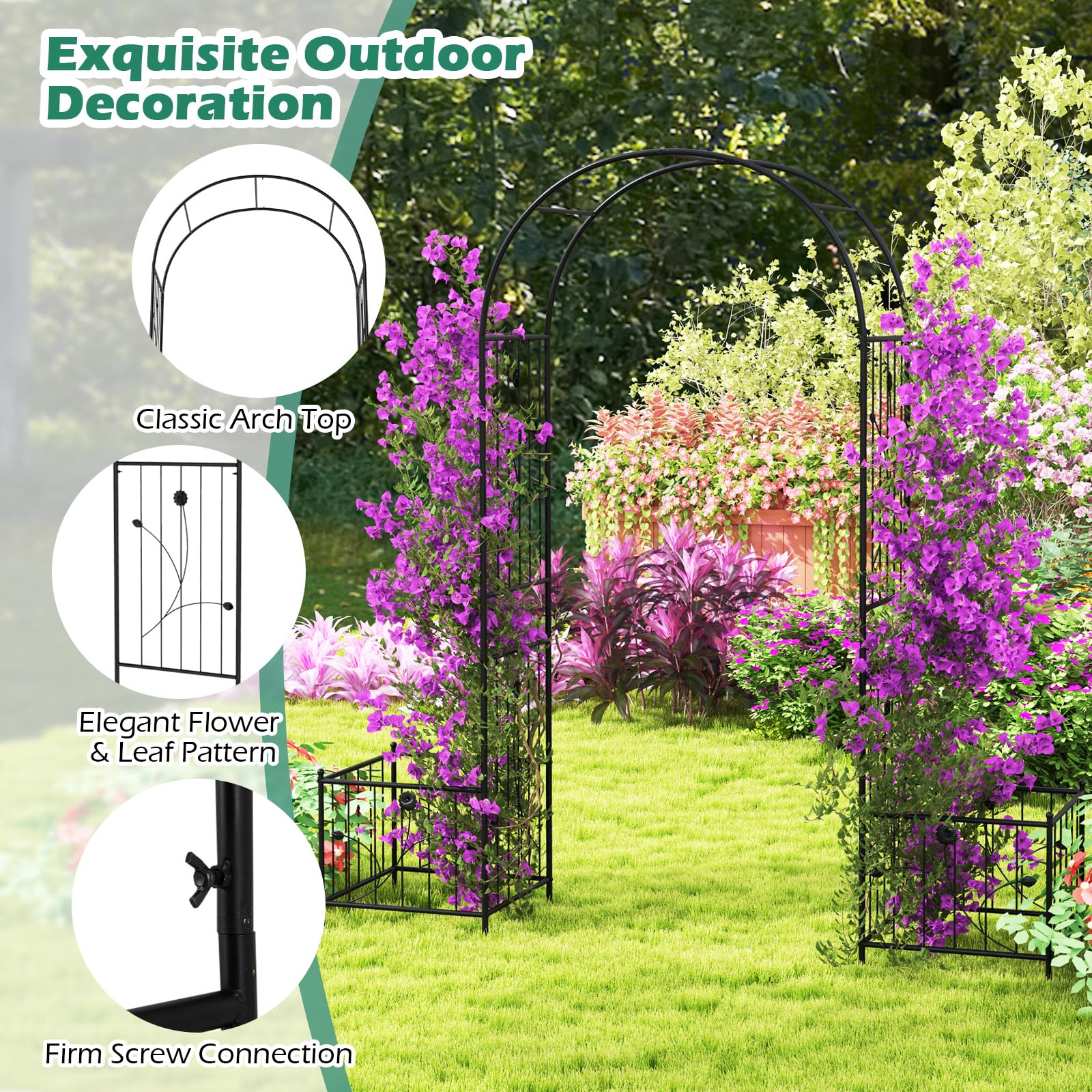 Giantex Garden Arch Trellis with Planters, 86'' Metal Arbor Pergola for Climbing Plants Rose Clematis Vines