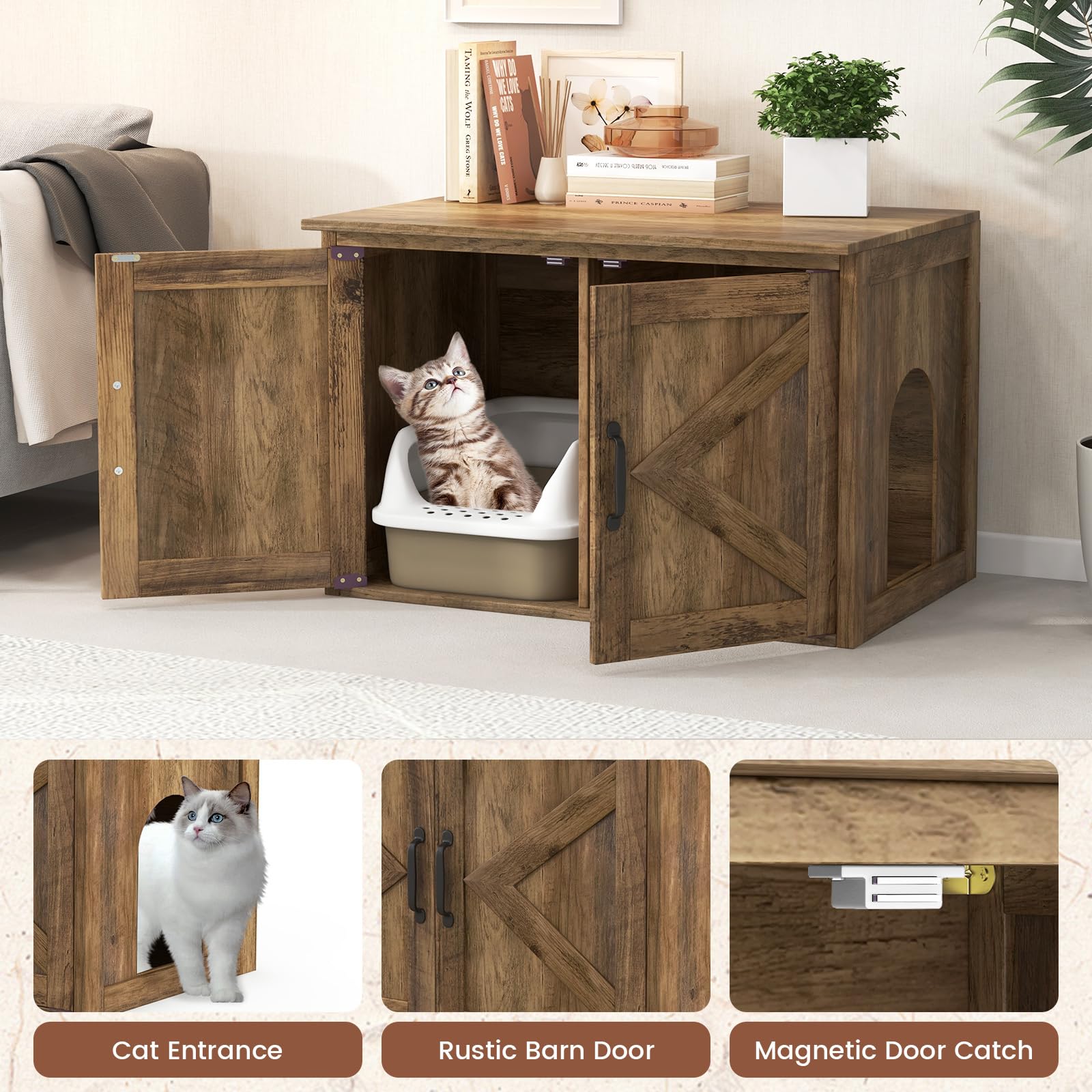 Giantex Cat Litter Box Enclosure - Flip Top Litter Box Hidden Furniture with Barn Door, Side Entrance