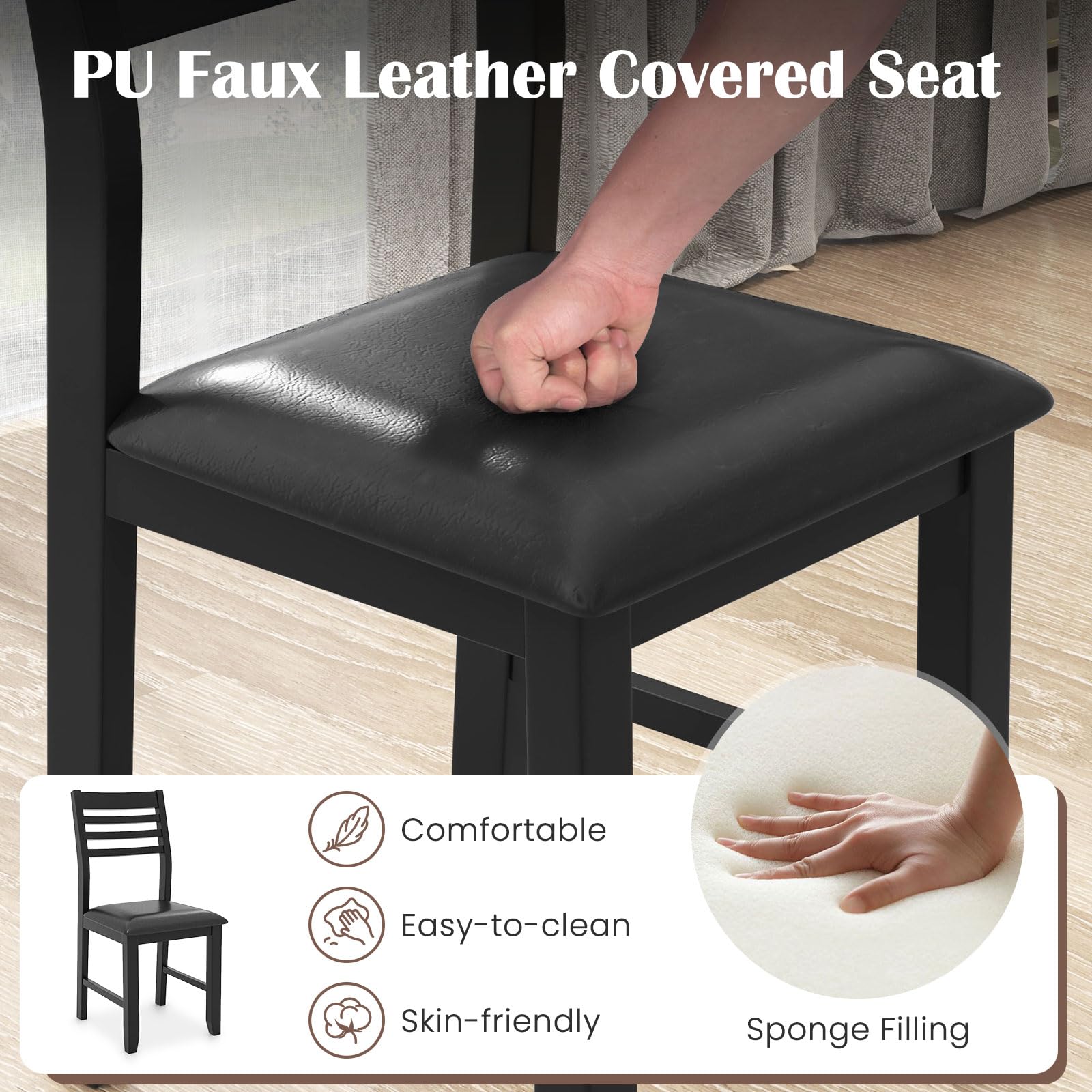 Giantex Set of 2 Dining Chairs Black, Faux Leather Upholstered Kitchen Chairs w/Padded Seat & Ladder Back