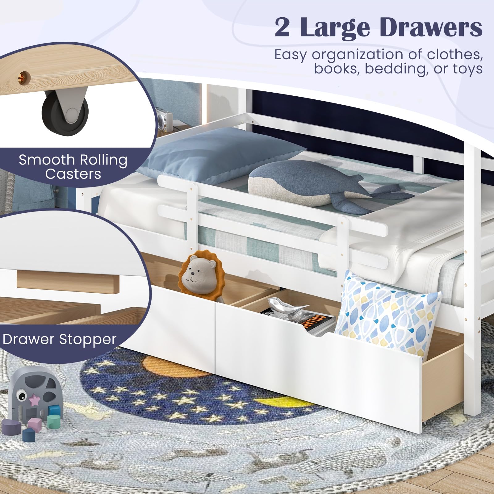 Giantex Twin House Bed with Tent, Wood Kids Bed with 2 Storage Drawers, Solid Wood Daybed Frame with Rails and Roof