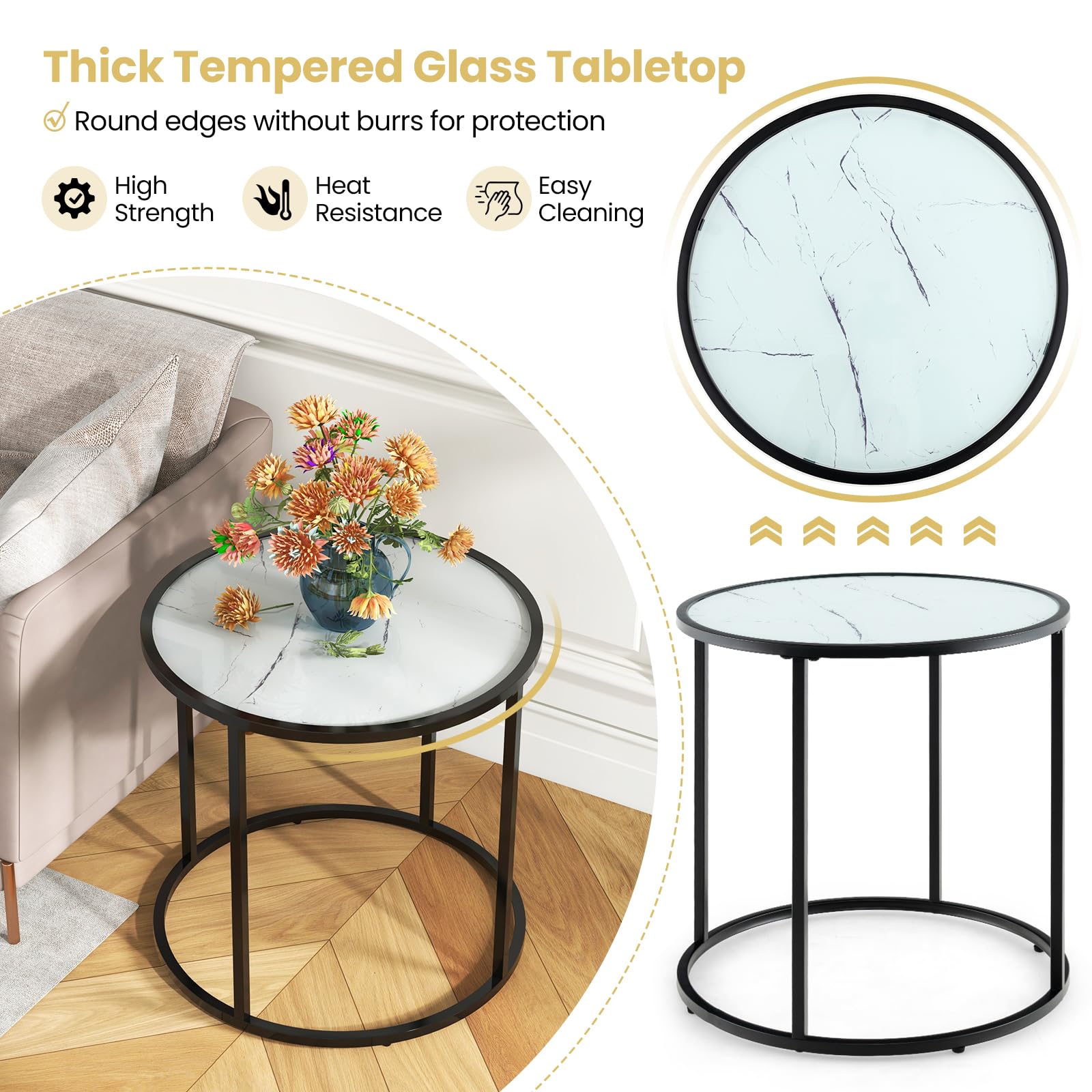 Giantex Round Side Table, Tempered Glass End Table with Metal Frame