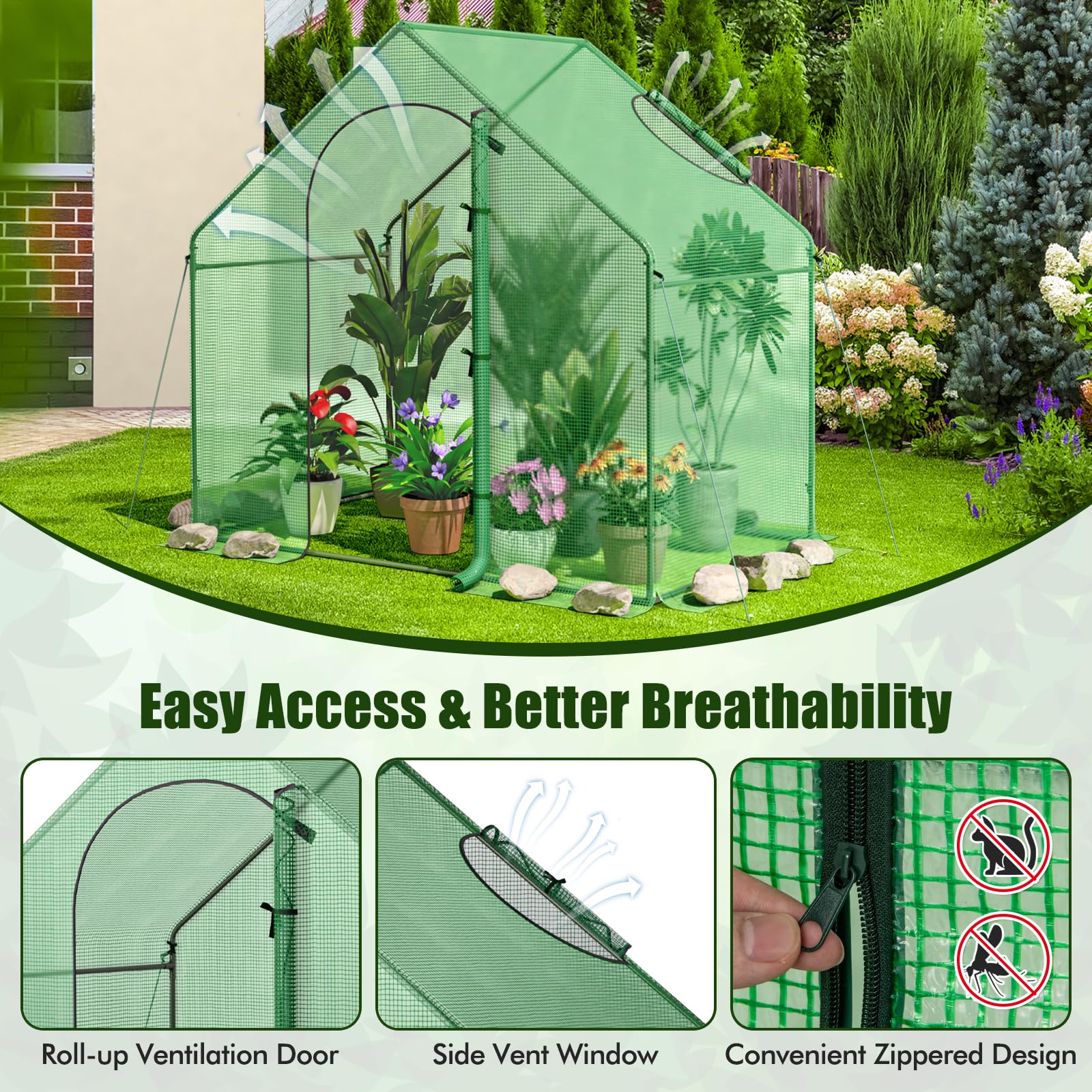 Giantex 6x3x5.5 FT Mini Walk-in Greenhouse, with Roll-up Zippered Door & Window, Overlong PE Cover