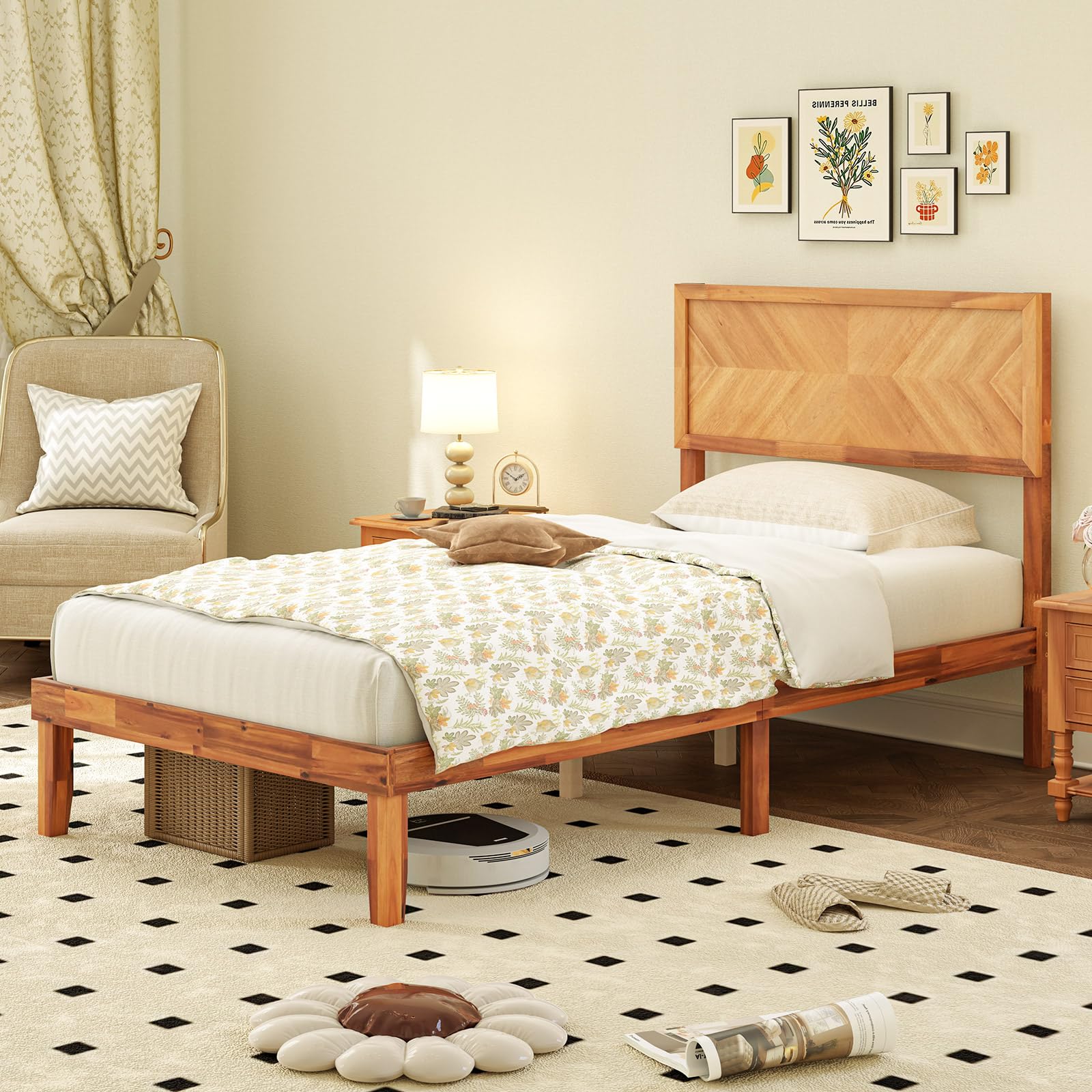 Giantex Wood Twin Bed/Full Size Bed/Queen Bed Frames with Headboard, Solid Acacia Wood Platform Bed with 12 Strong Wooden Slat Support