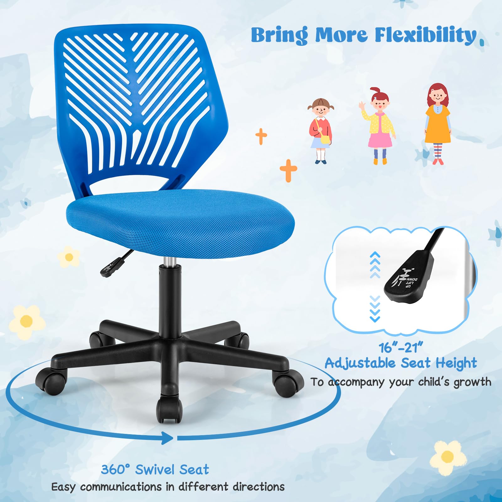 Giantex Kids Desk Chair, Armless Kids Computer Chair with Lumbar Support, Mesh Adjustable Swivel Study Chair with Wheels