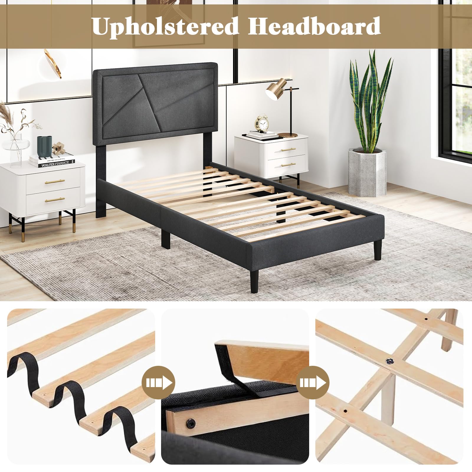 Modern Upholstered Platform Bed Frame with Geometric Tufting Headboard