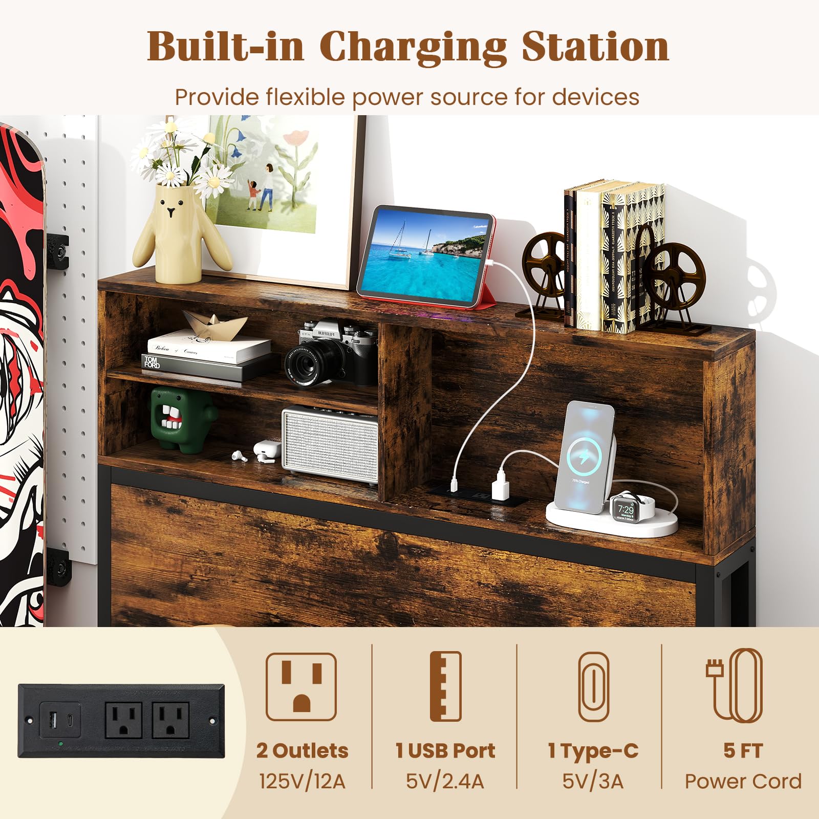 Giantex Bed Frame with Storage Headboard and Charging Station, Industrial Metal Platform Bed