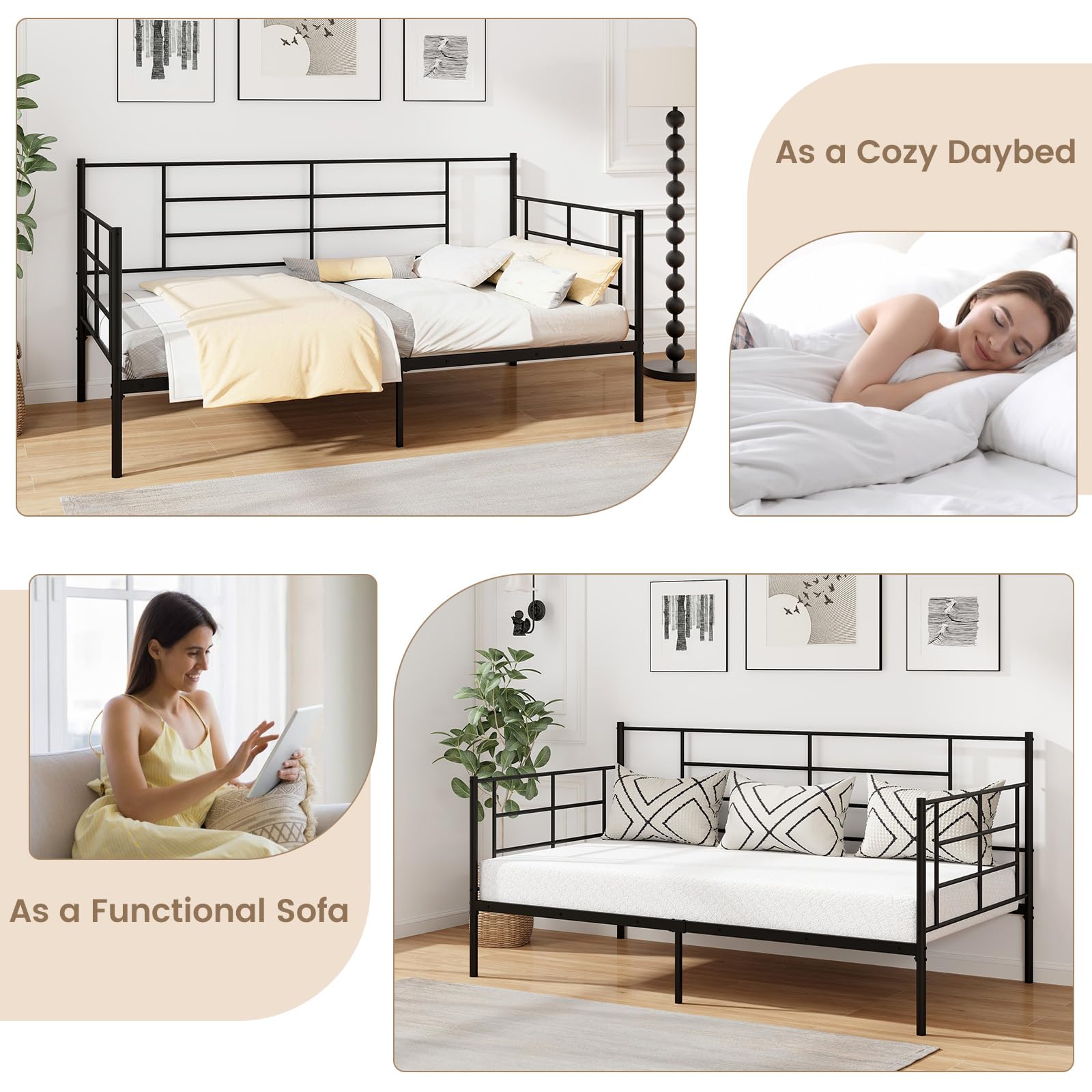 Giantex Metal Twin Daybed, Twin Size Platform Bed with High Headboard & Extra Support Leg