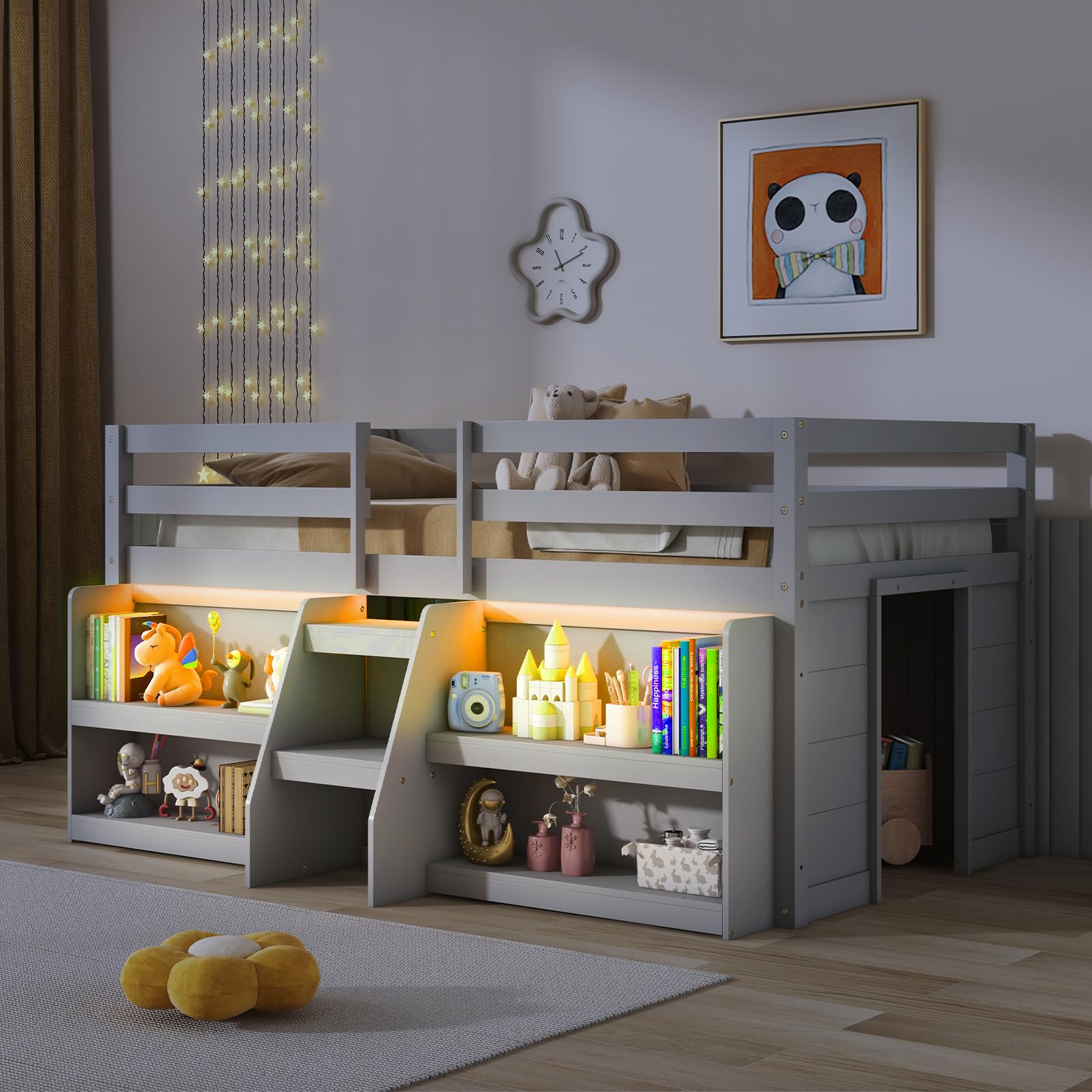 Giantex Low Loft Bed with LED Lights, Wooden Twin Loft Bed with Stairs & Safety Guardrail