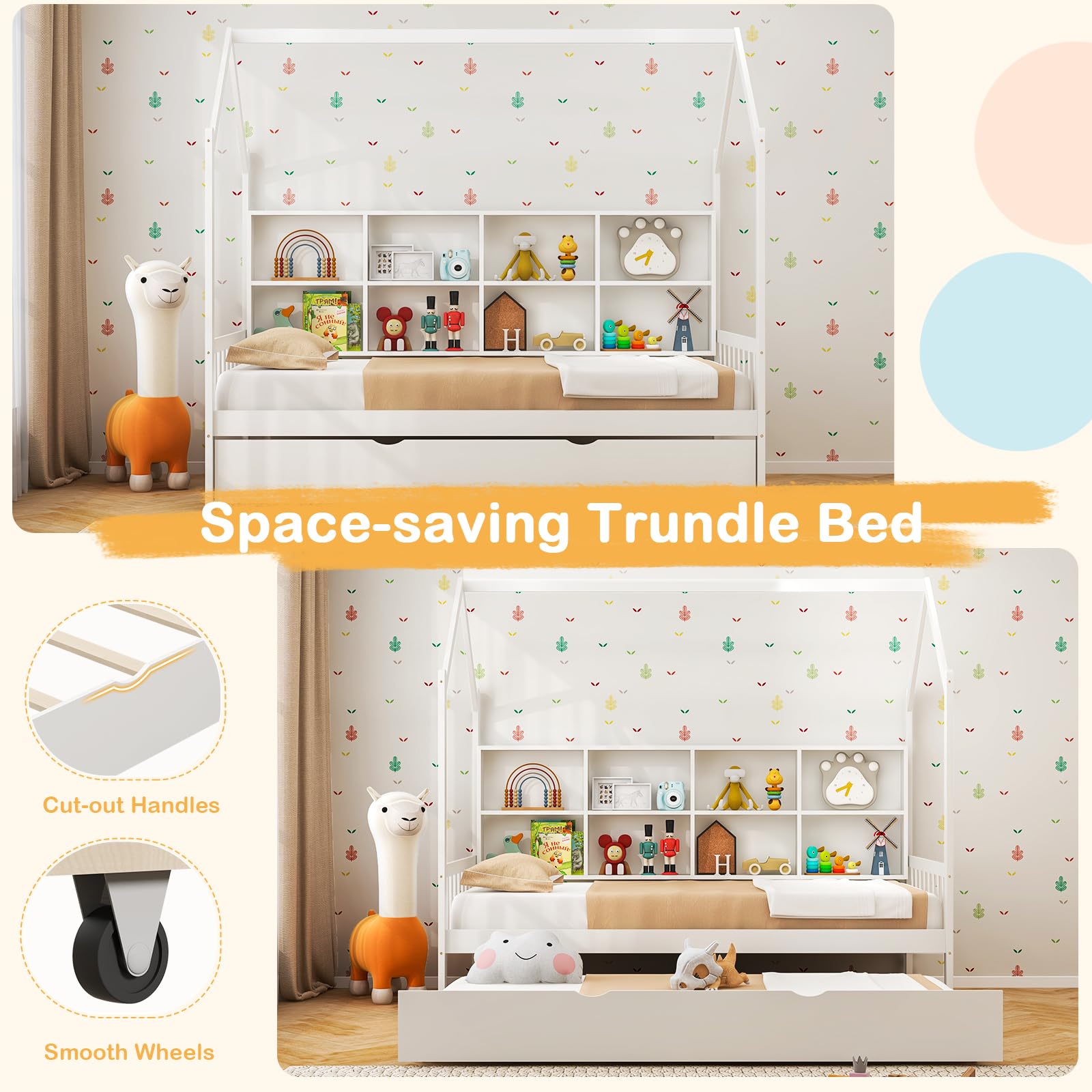 Giantex Twin House Bed with Trundle, Wood Daybed with 8 Cube Storage Bookcase