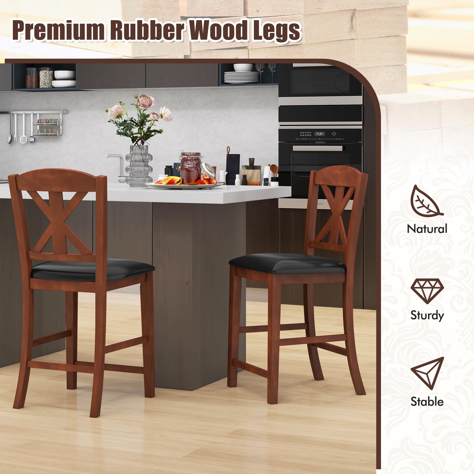 Giantex Wood Bar Stools Set, 24" Upholstered Counter Height Bar Chairs w/Hollowed High Back