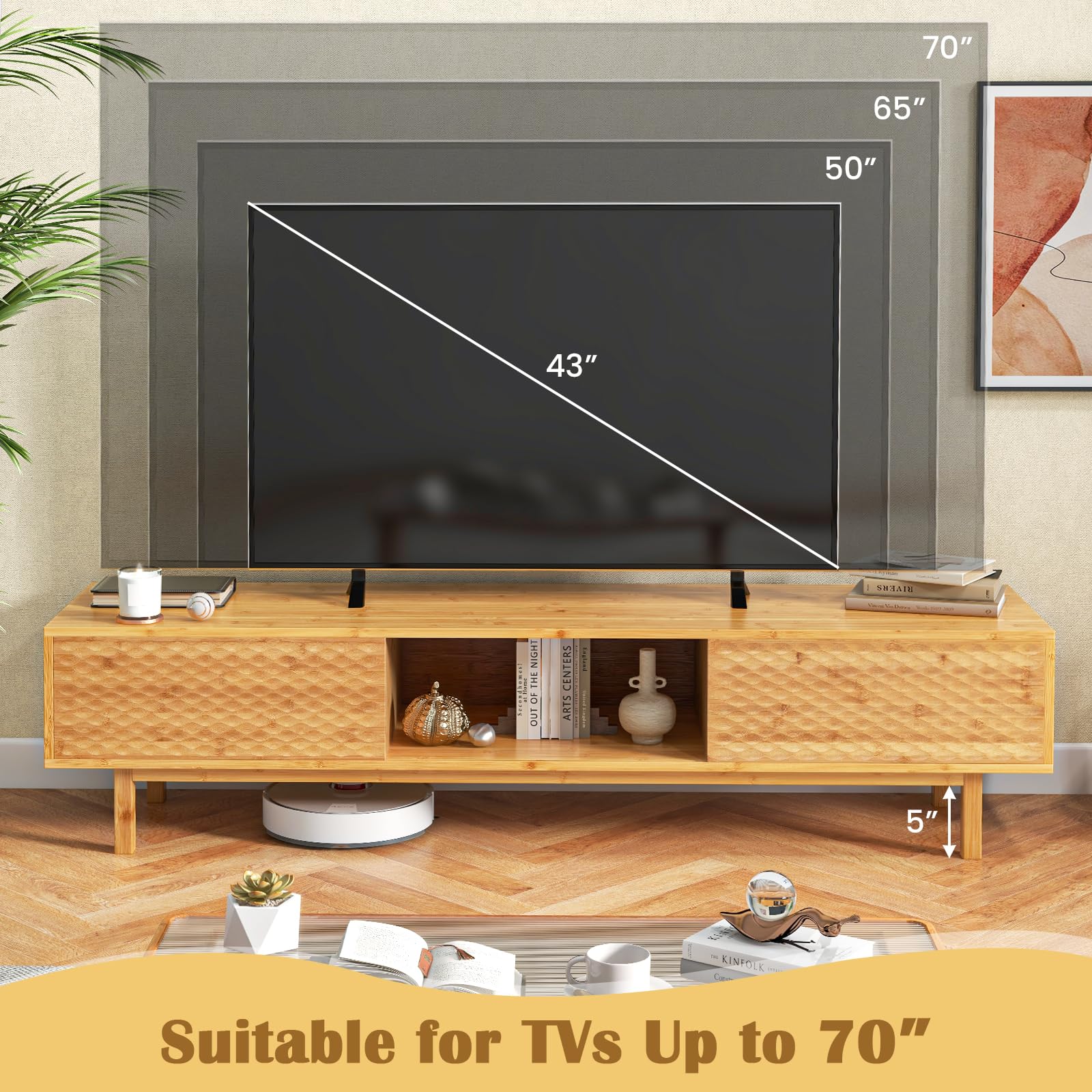 Giantex 63” Bamboo TV Stand, Entertainment Center with 3 Storage Cubes, Sliding Doors