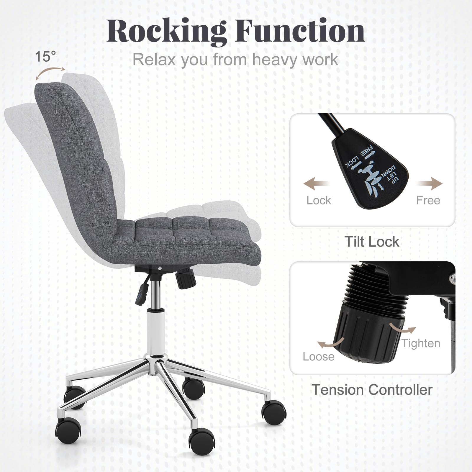 Giantex Armless Office Chair, Linen Fabric Vanity Chair with Wheels & Adjustable Height, 360° Rolling Swivel Task Computer Chair